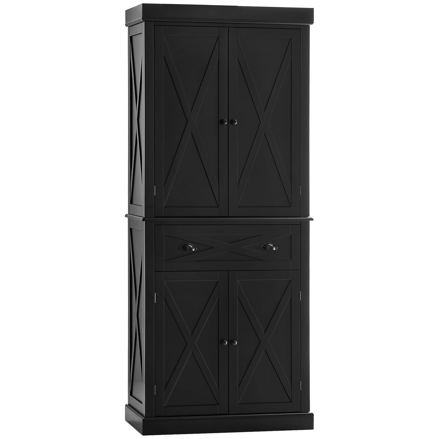 Freestanding Modern Farmhouse 4 Door Kitchen Pantry Cabinet, Storage Cabinet Organizer with 6-Tiers, 1 Drawer and 4 Adjustable Shelves, Black