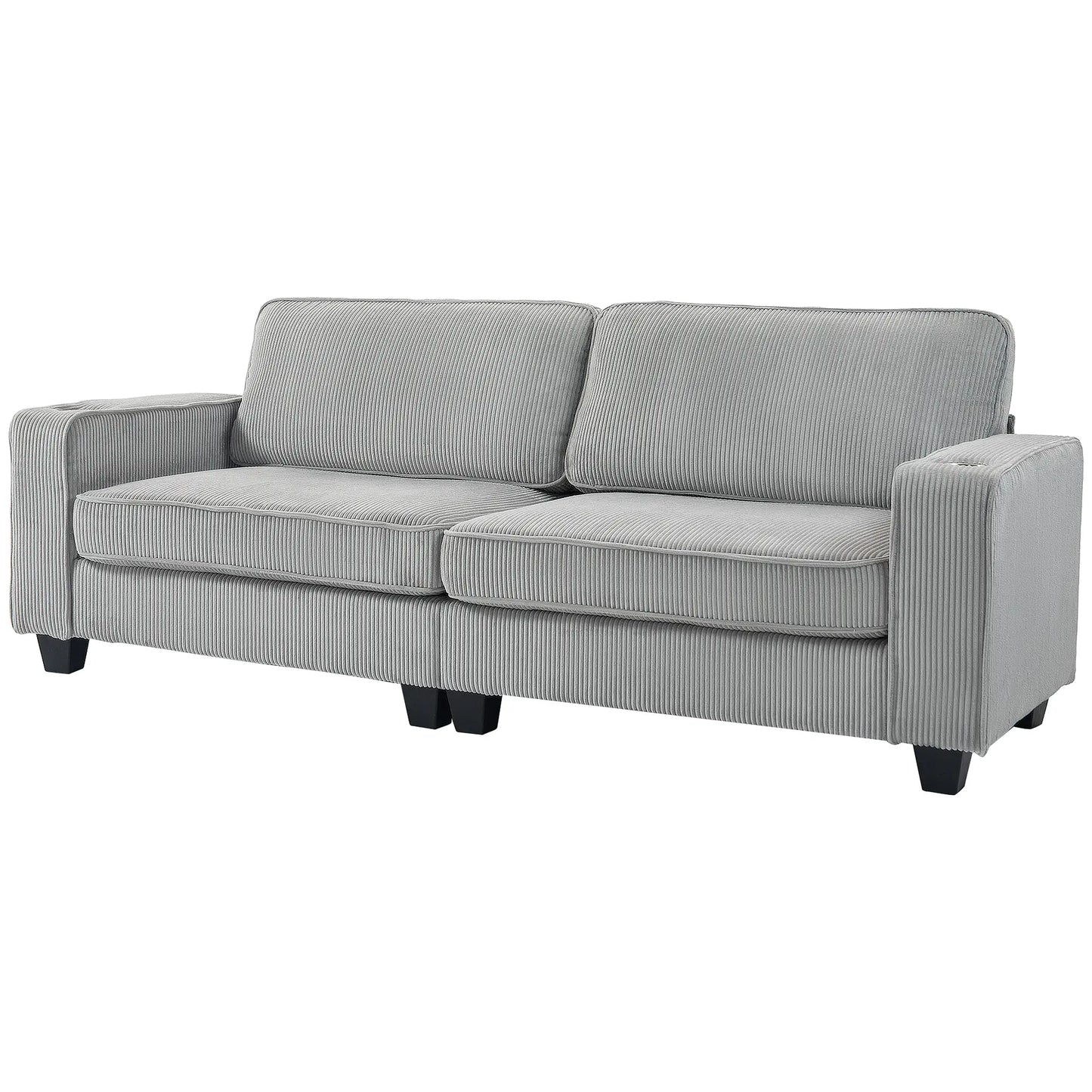 Three Seater Sofa, Fabric with Spring Cushion and Cup Holders Light Grey