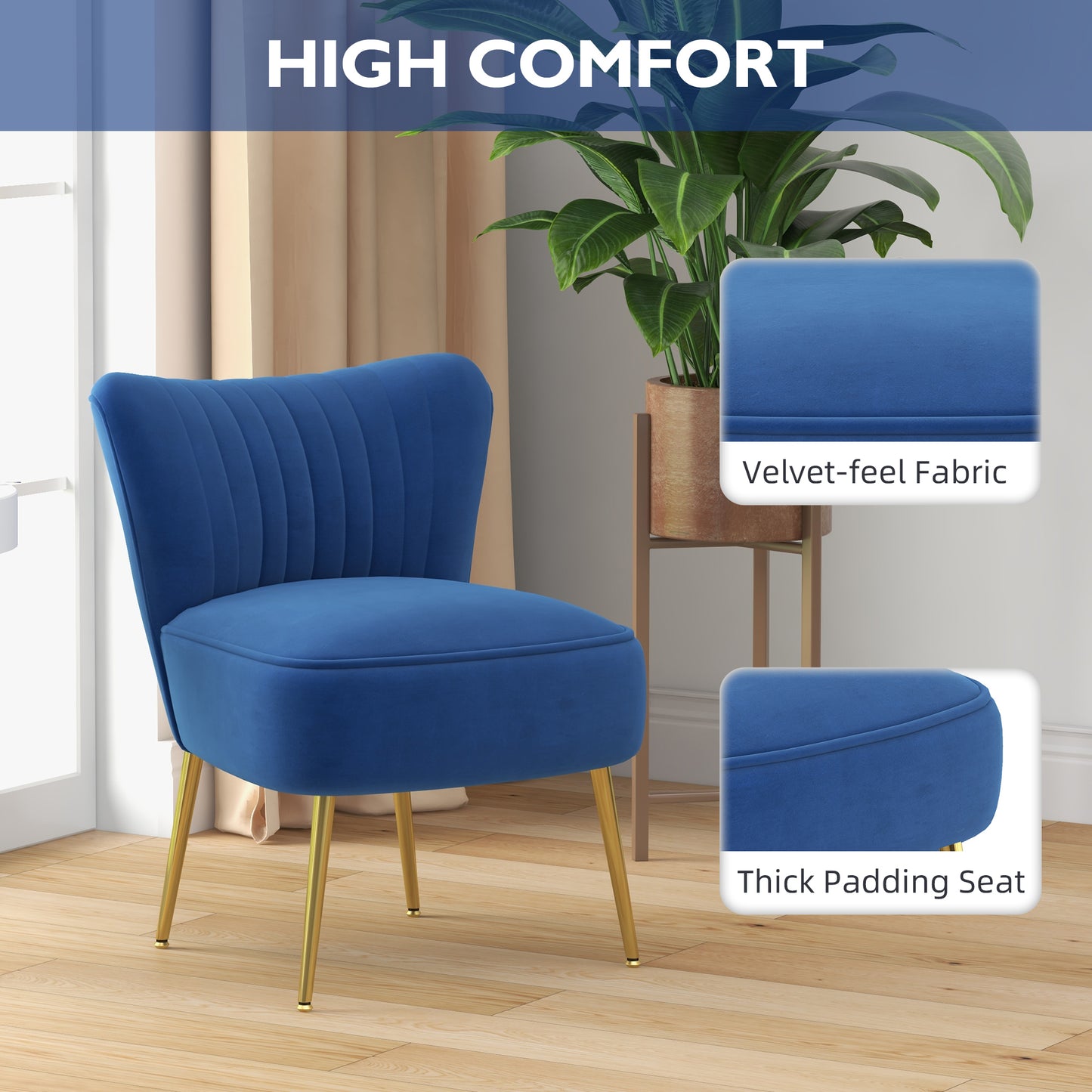 Velvet Lounge Chairs Set of 2, Modern Accent Chairs with Gold Steel Legs and Tufting Backrest, Dark Blue