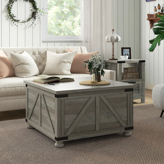 Farmhouse Style Square Coffee Table with Flip-top Lids, Hidden Storage Compartment and Wooden Legs, in Grey