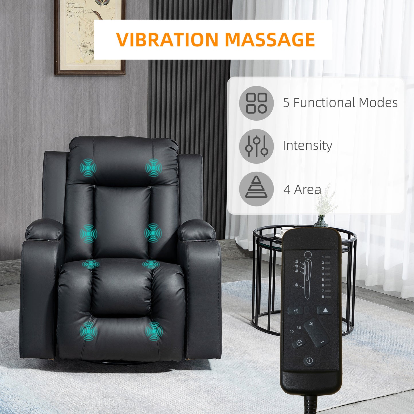 Massage Recliner Chair for Living Room with 8 Vibration Points, PU Leather Reclining Chair with Cup Holders, Swivel Base, Rocking Function, Black