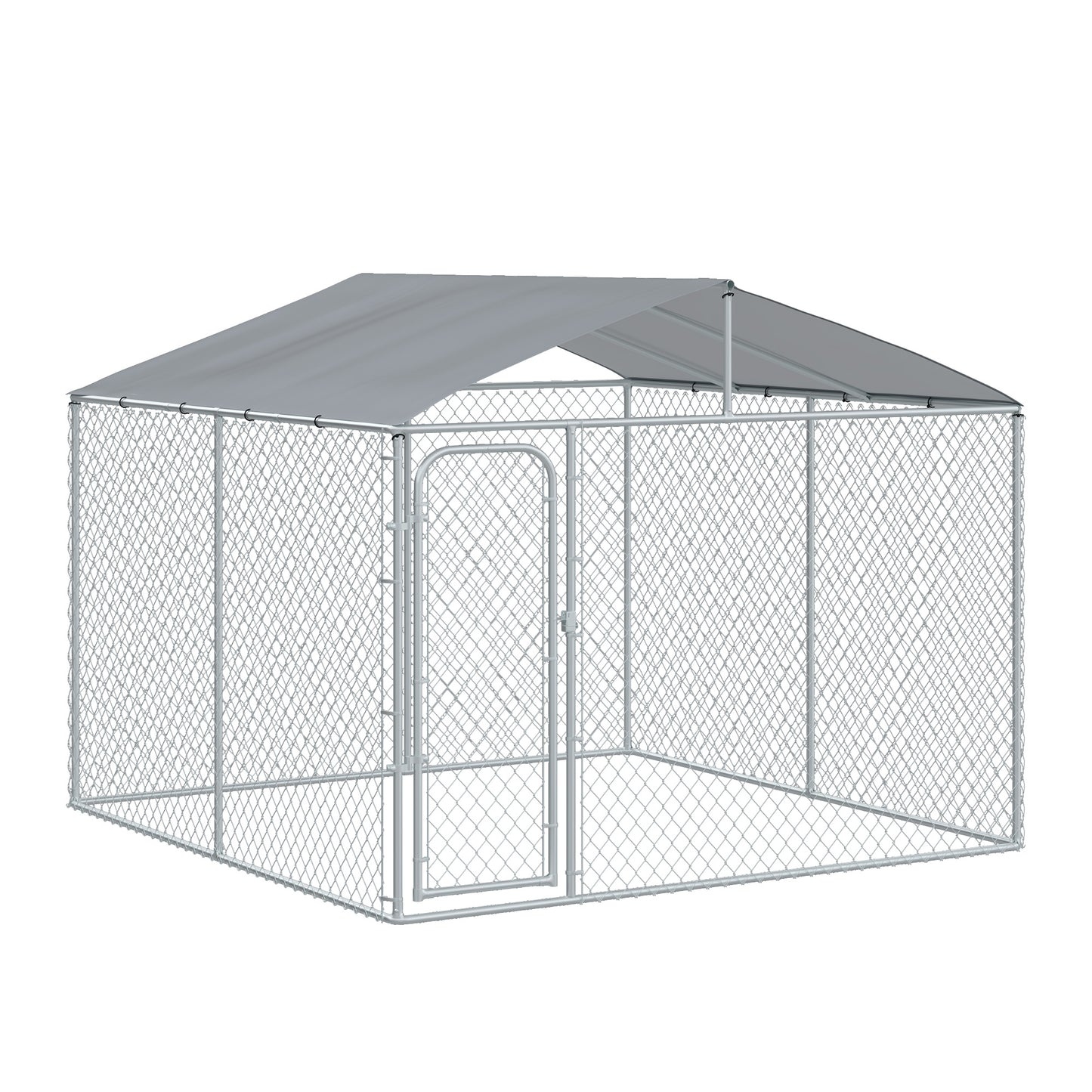 Dog Kennel Outdoor Run Fence with Roof, Steel Lock, Mesh Sidewalls for Backyard & Patio, 9.8' x 9.8' x 7.7'