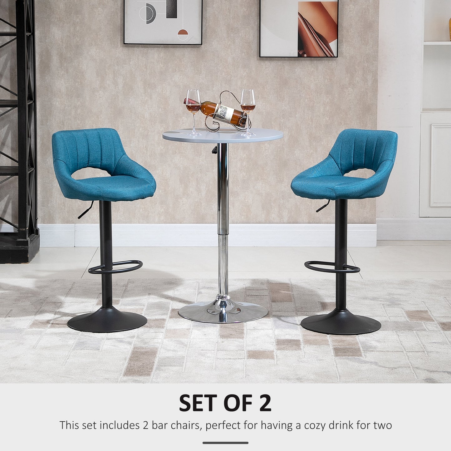 Bar Stools Set of 2, Swivel Counter Height Barstools with Adjustable Height, Linen Upholstered Bar Chairs with Round Metal Base and Footrest, Blue