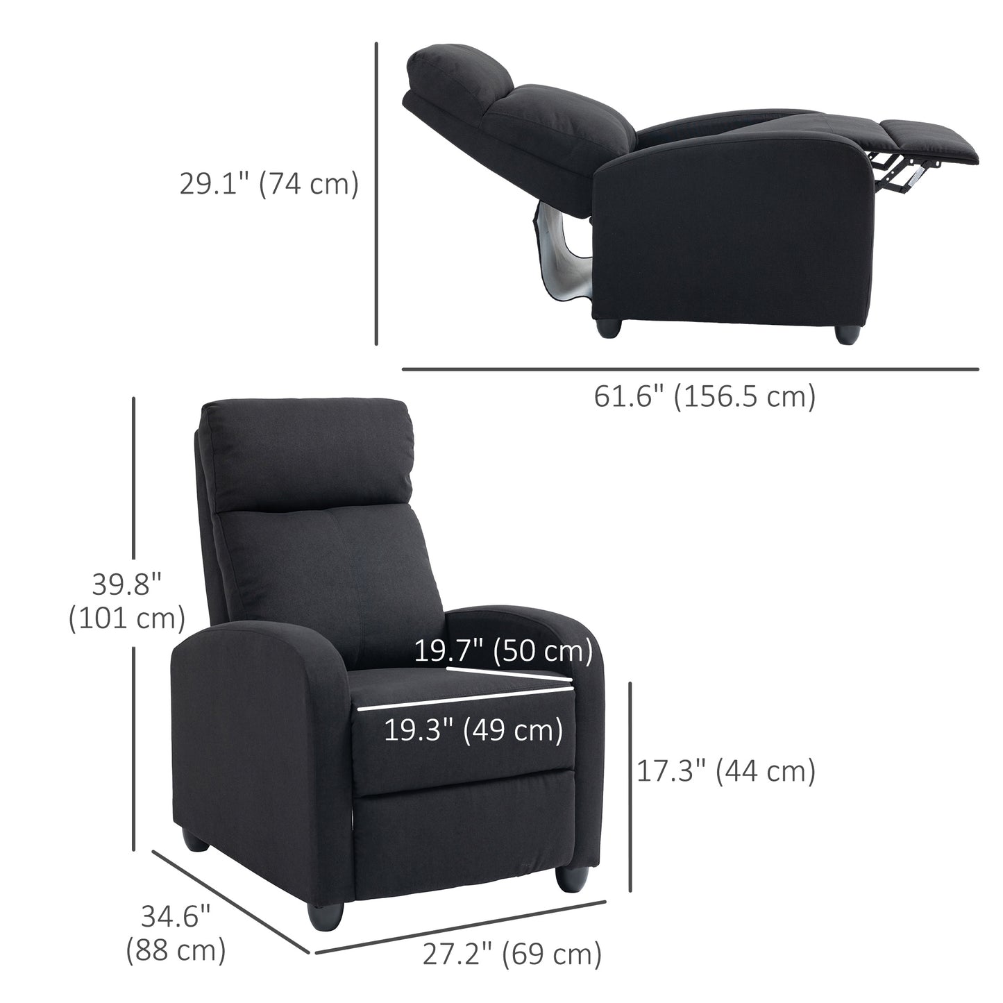 Fabric Recliner Chair, Manual Home Theater Seating, Single Reclining Sofa Chair with Padded Seat for Living Room, Black