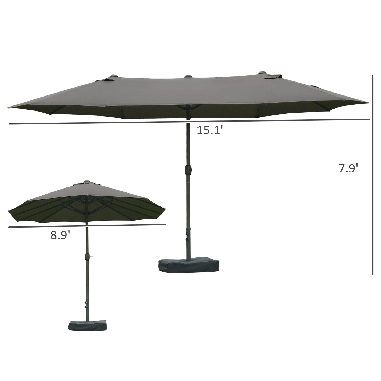 15' Outdoor Patio Umbrella with Twin Canopy Sunshade with Lift Crank, Cross base, Sandbag, Dark Grey