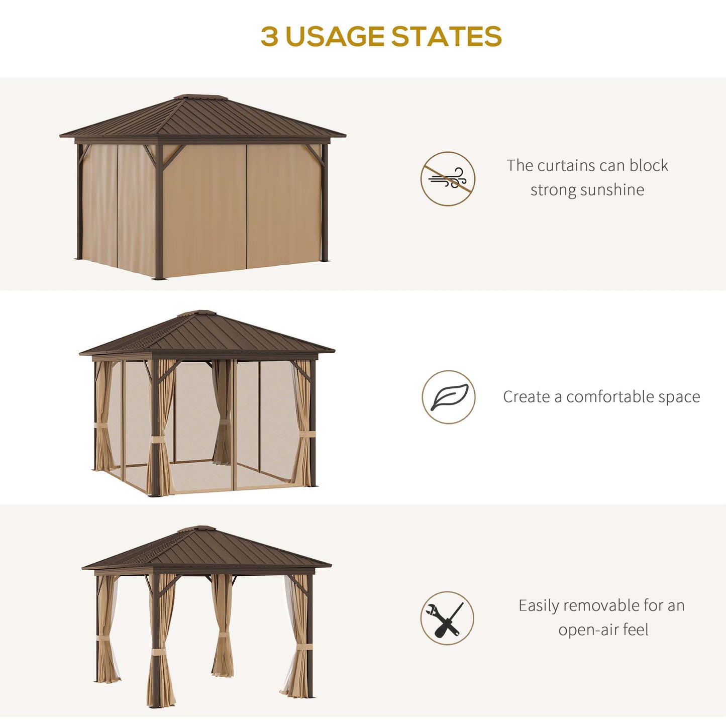 10' x 12' Outdoor Hardtop Gazebo Metal Roof Patio Gazebo with Aluminum Frame, Mesh Nettings, Curtains and Roomy Interior Space, Brown