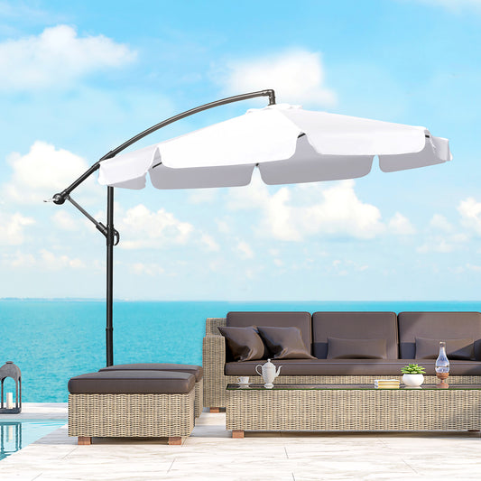 9FT Offset Hanging Patio Umbrella Cantilever Umbrella with Easy Tilt Adjustment, Cross Base and 8 Ribs for Backyard, Poolside, Lawn and Garden, White