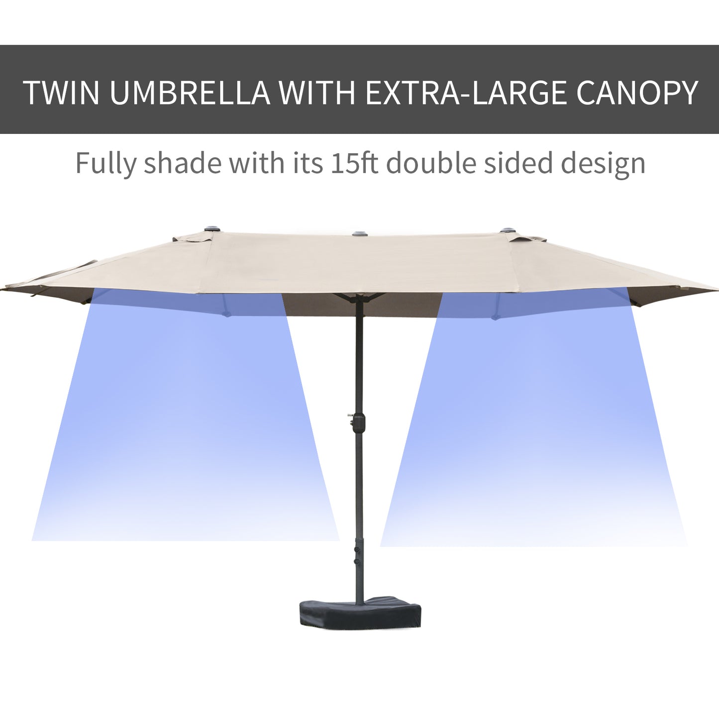 15' Outdoor Patio Umbrella with Twin Canopy Sunshade Steel Table Umbrella w/ Lift Crank, Cross base, Sandbag, Brown