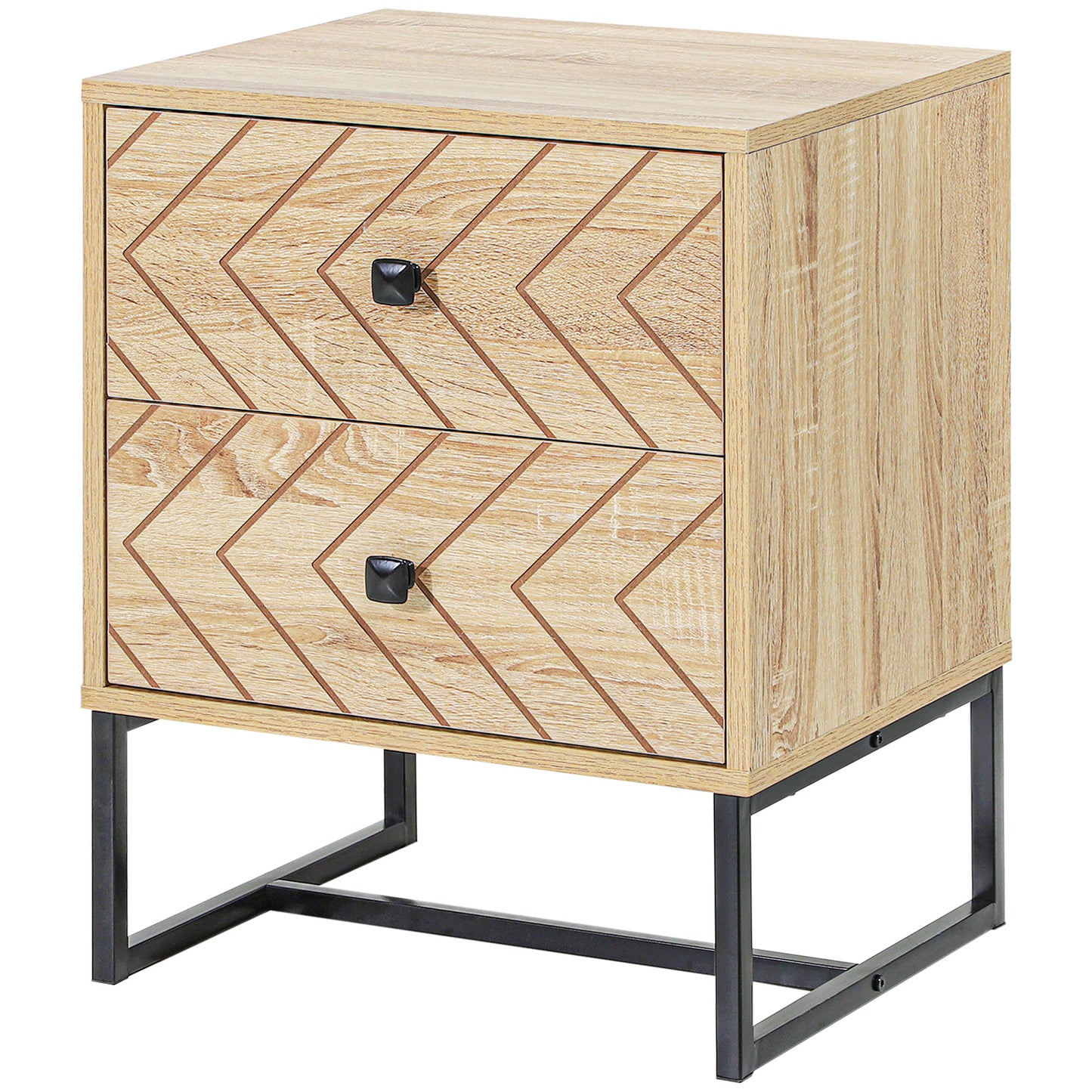 Modern Nightstand with Drawers, Side End Table with Metal Legs for Bedroom, Zig Zag Design, Natural
