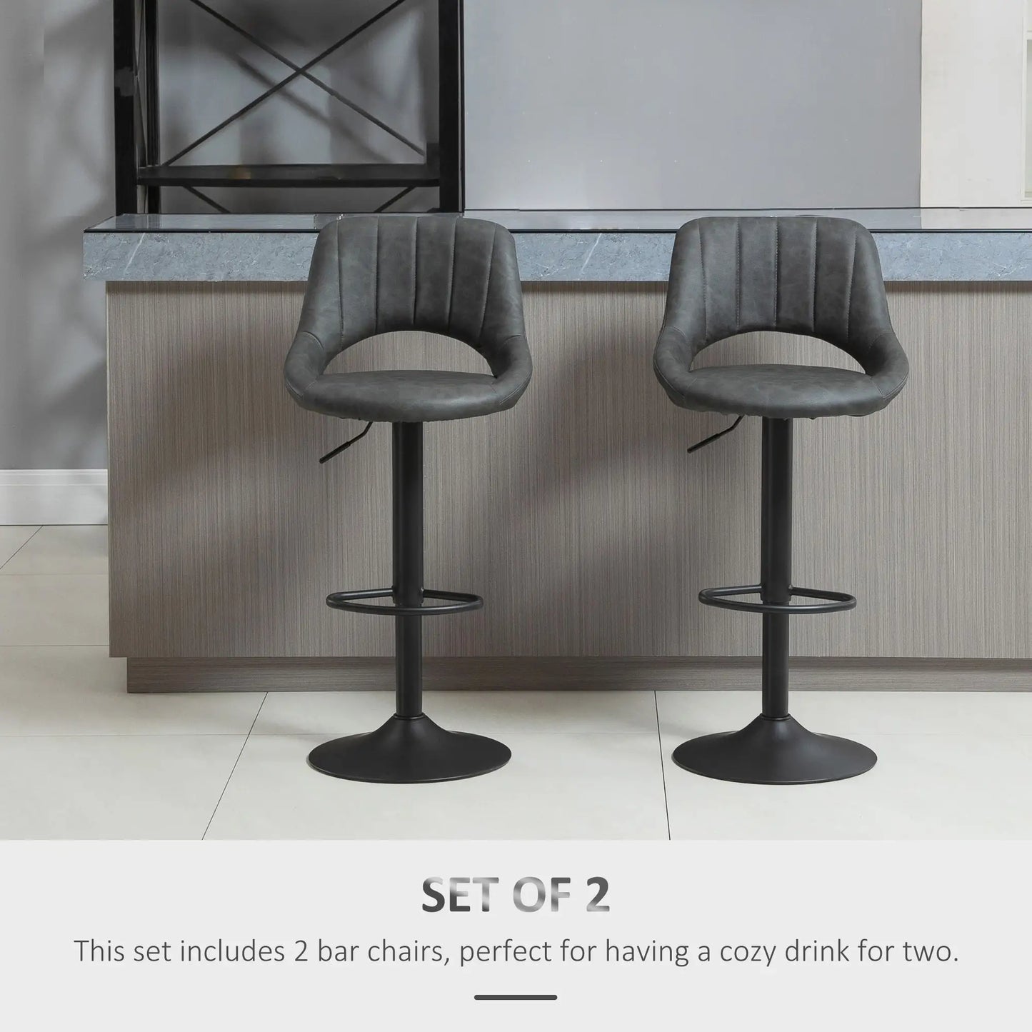 Set of 2 Adjustable Bar Stools with PU Upholstered Back, Footrest and Round Base in Grey