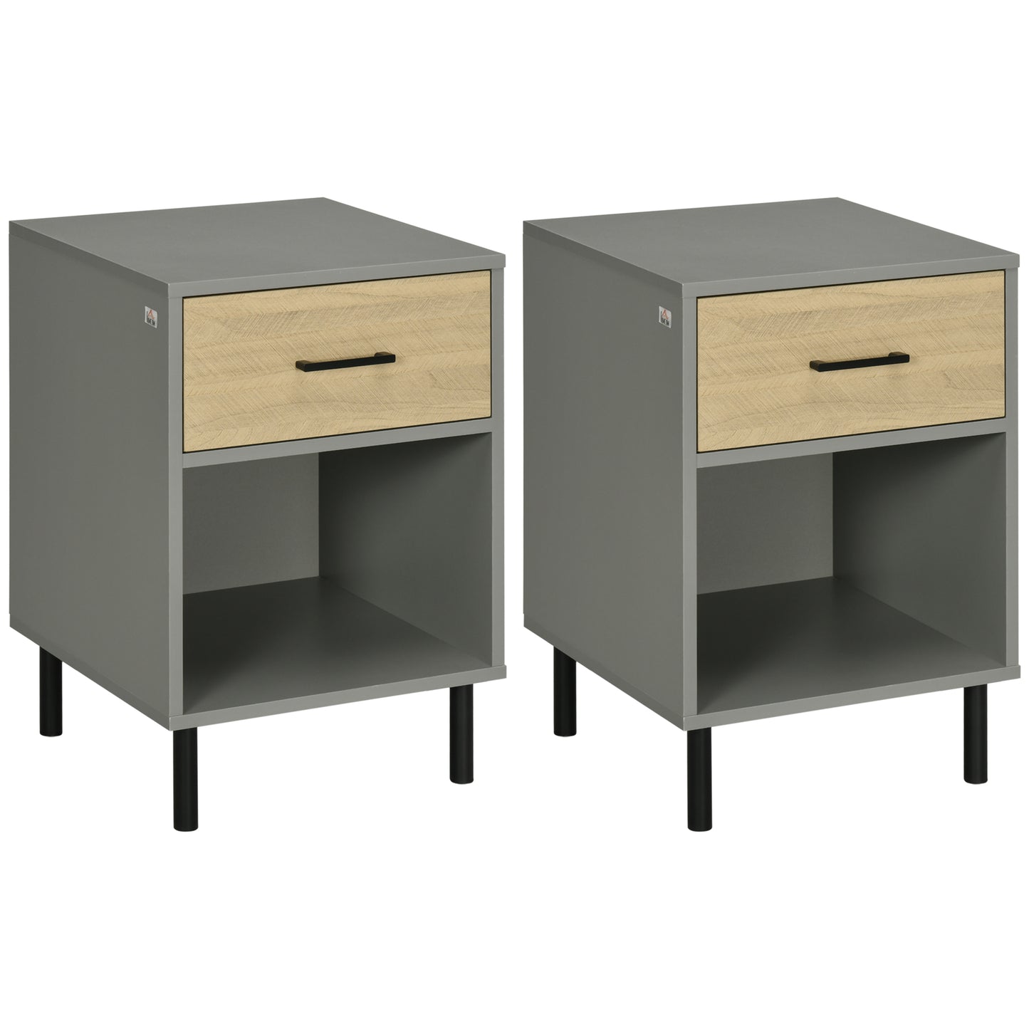 Nightstand Set of 2, Side Table with Drawer, Storage Shelf, End Table for Living Room Bedroom, Grey and Oak