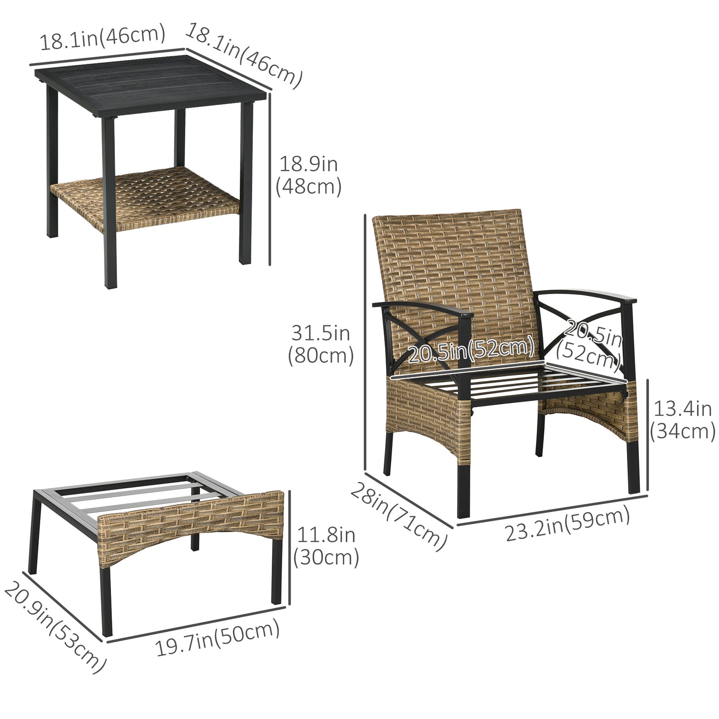 5 Piece PE Rattan Garden Furniture Set, 2 Armchairs,2 Stools, Steel Tabletop with Wicker Shelf, Padded Outdoor Seating, Khaki