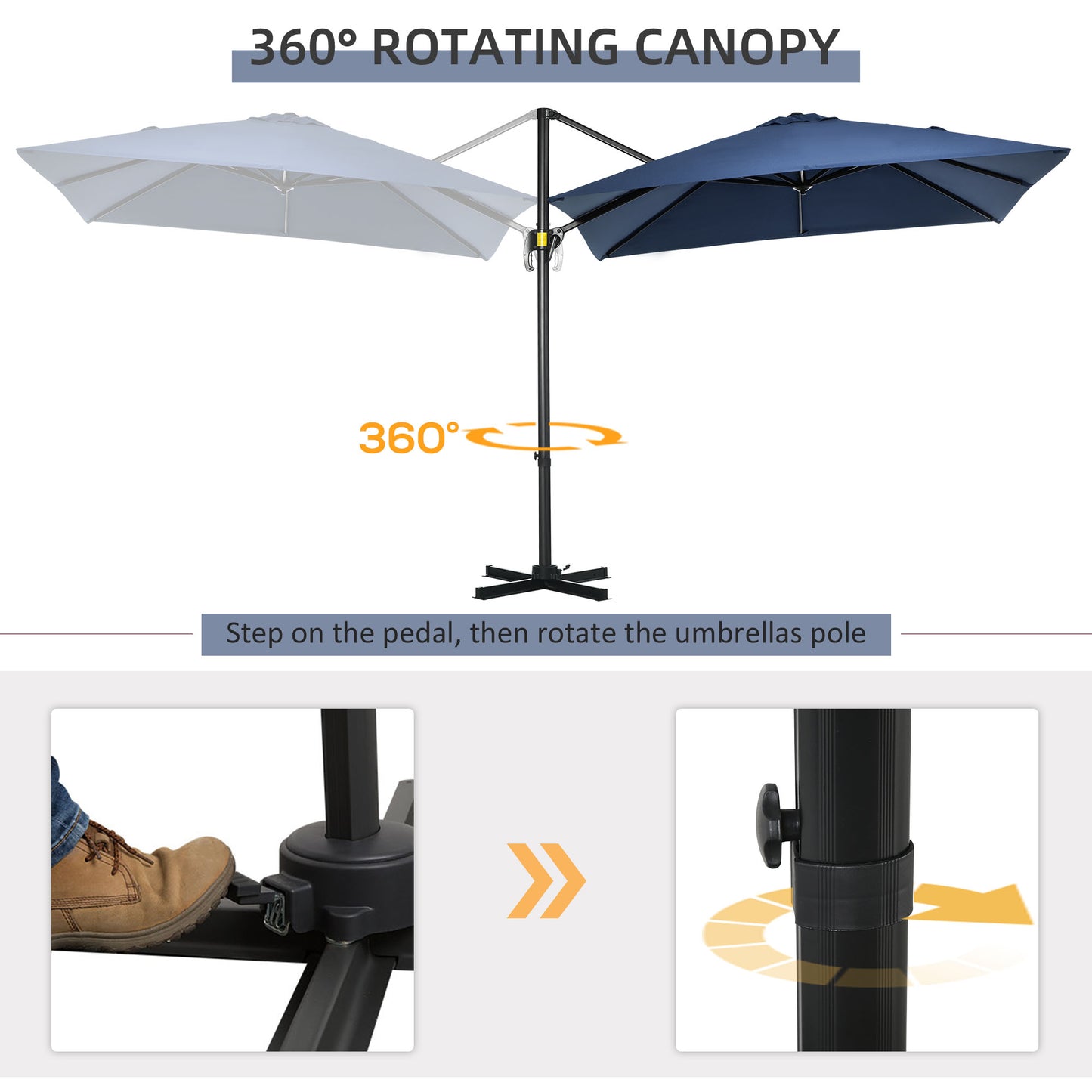 Outsunny 8' x 8' Square Patio Hanging Offset Umbrella with 360° Rotation, Aluminum Outdoor Cantilever Market Parasol with Crank & Tilt, Garden Sun Canopy Shelter with Cross Base, Dark Blue