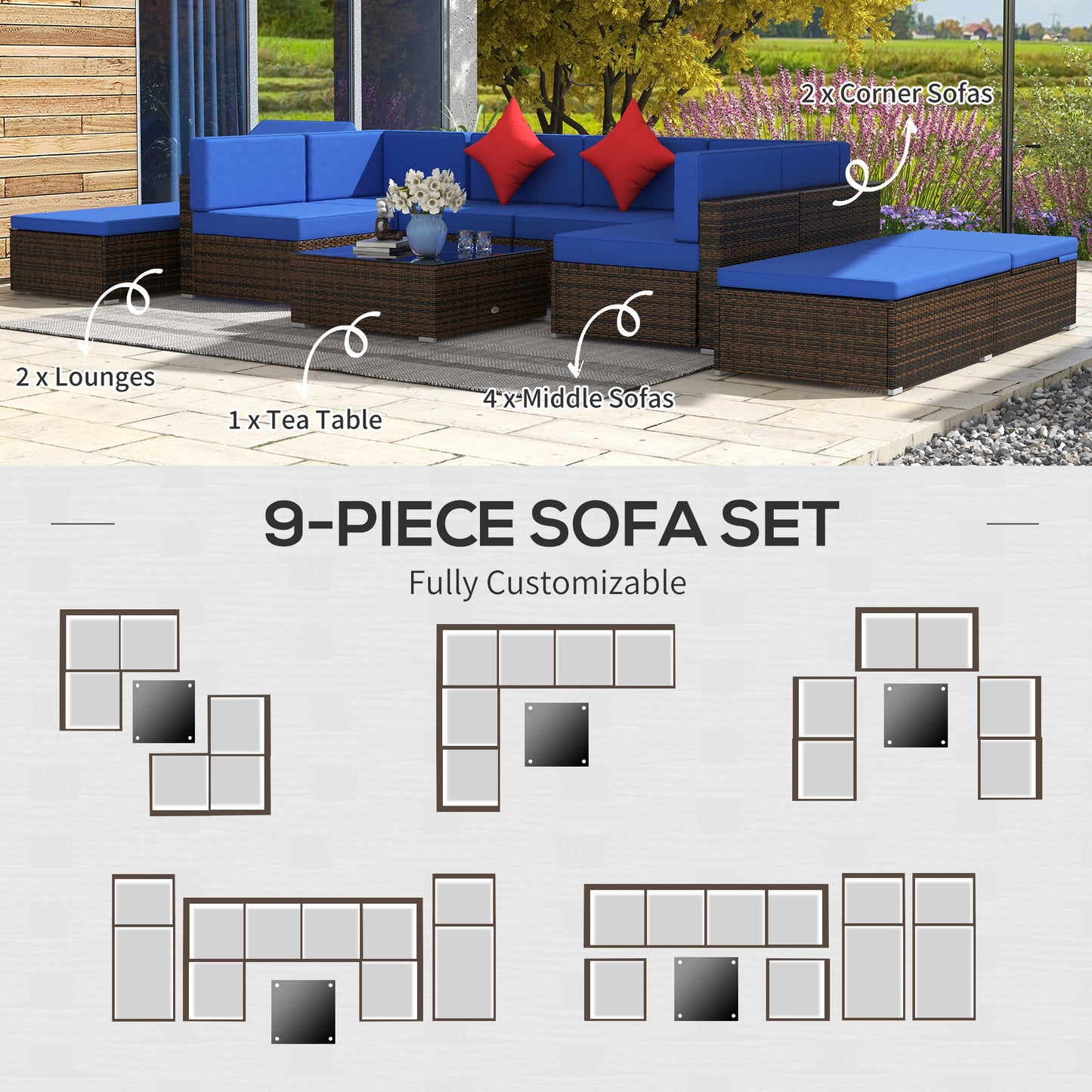 9 Pieces Wicker Patio Furniture Set with Cushion, Navy Blue