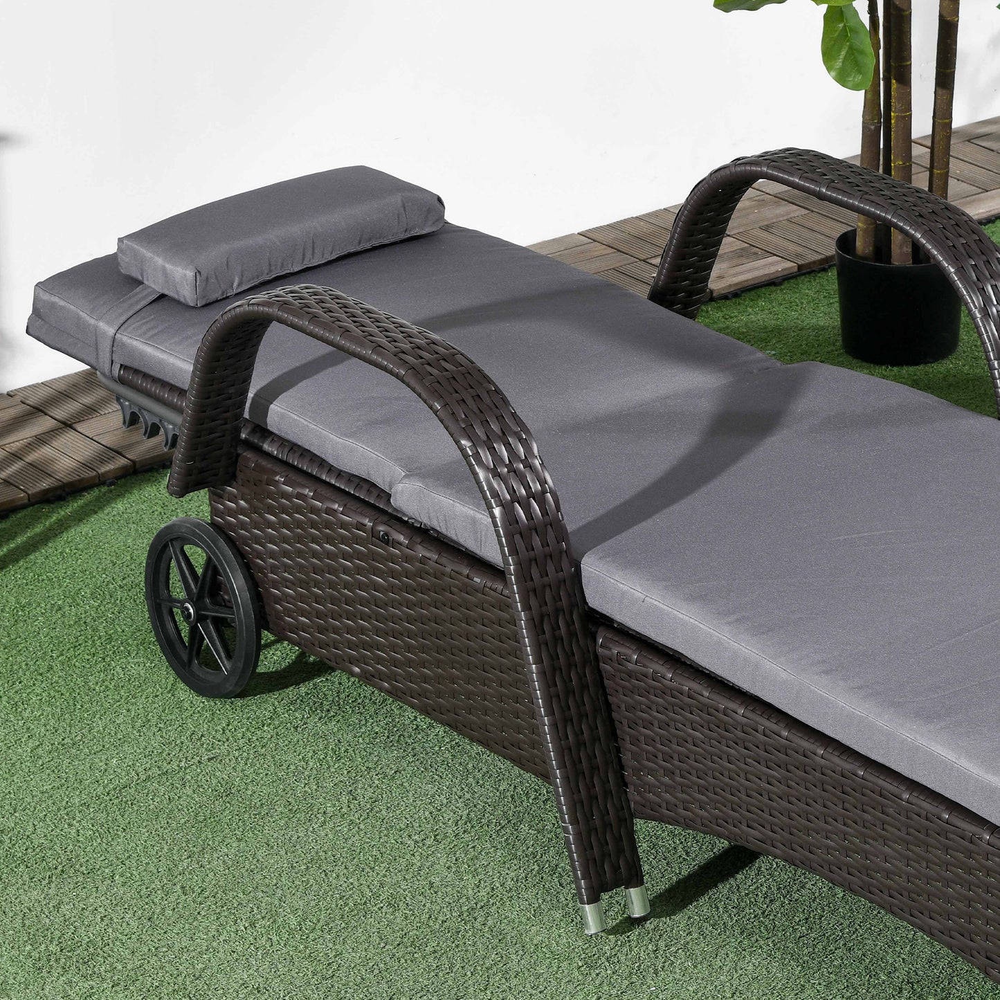 Outdoor Lounger, Deck Lounge Chair with Headrest, 5-Level Adjustable, Backrest, Wheels, Deep Coffee and Grey