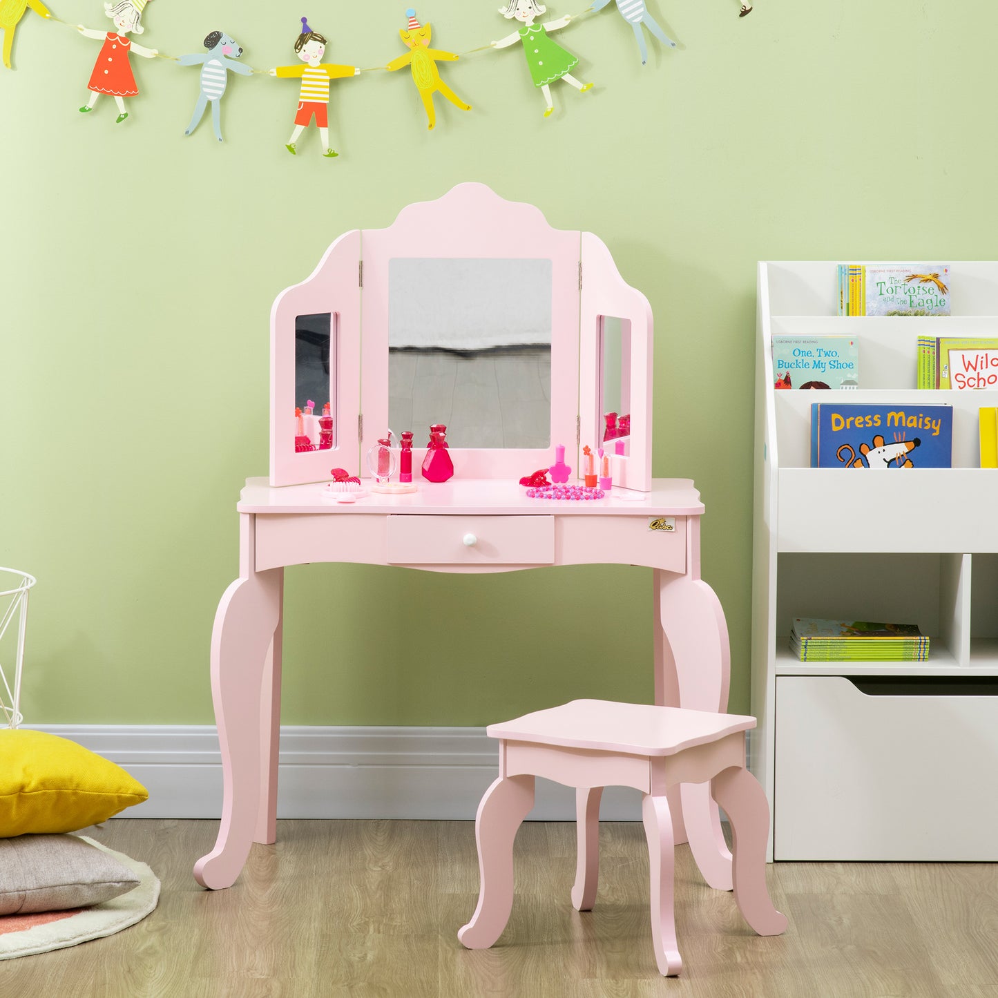 Qaba Kids Vanity Table & Chair Set, Wooden Princess Makeup Dressing Table, Pretend Play Vanity Set for Little Girls with Tri-folding Mirrors, Drawer, Pink