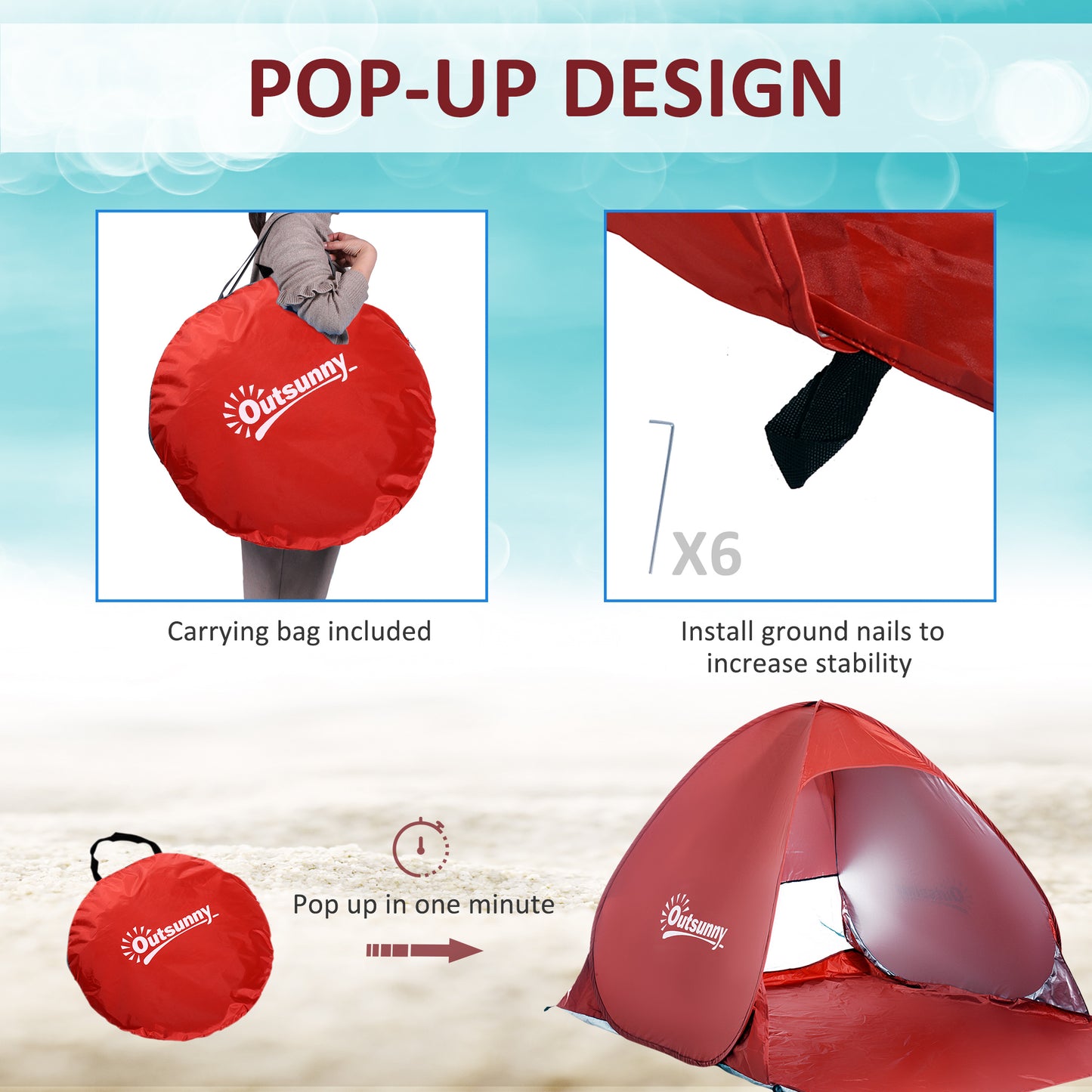 Outsunny Pop Up Beach Tent Portable Sun Shelter UV Protection Outdoor Patio with Carry Case & Stakes Red