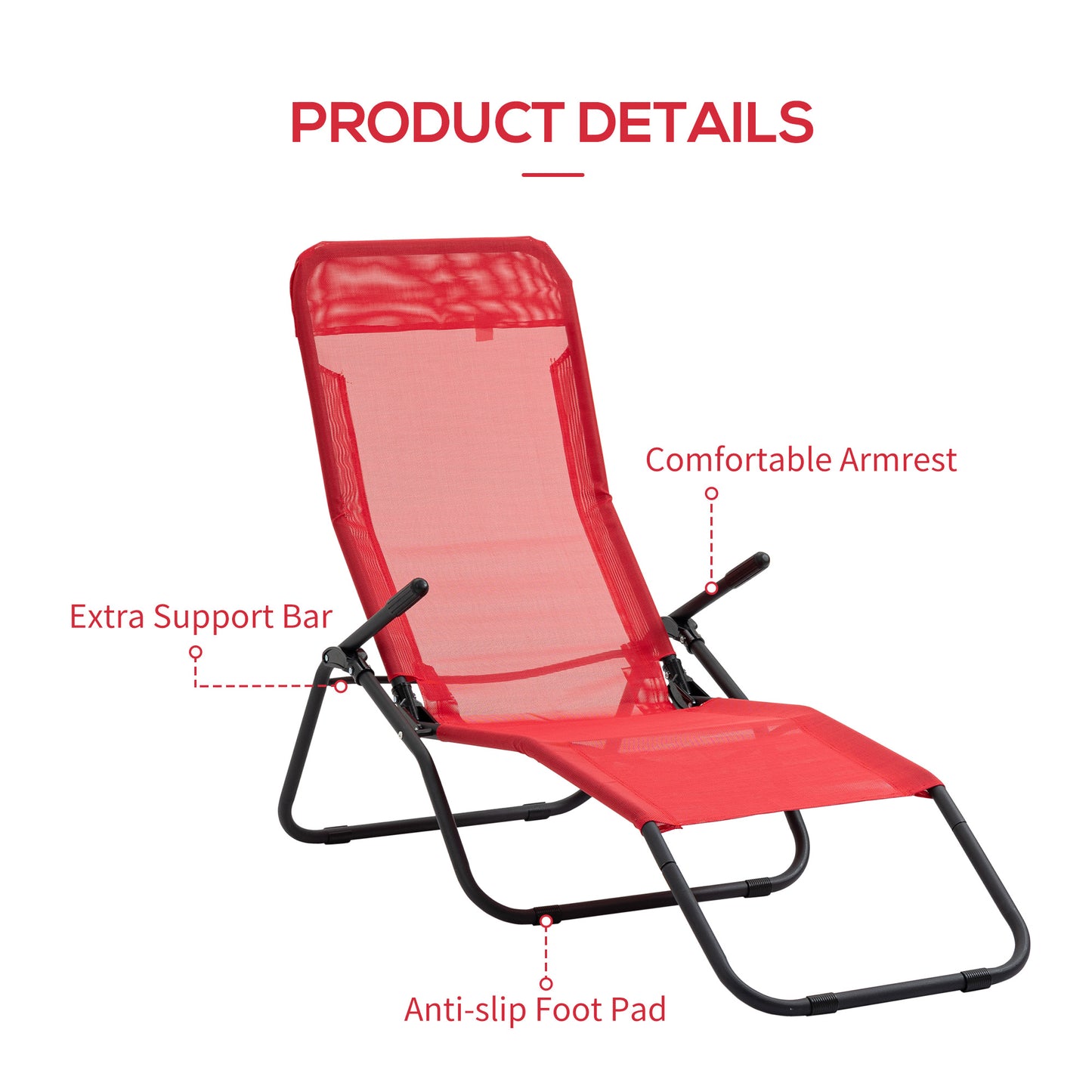 Foldable Patio Lounge Chair, Outdoor Beach Lounger with Breathable Mesh Fabric, Zero Gravity Chair with Rocking Function, Footrests, and Armrests, for Garden, Pool, Red