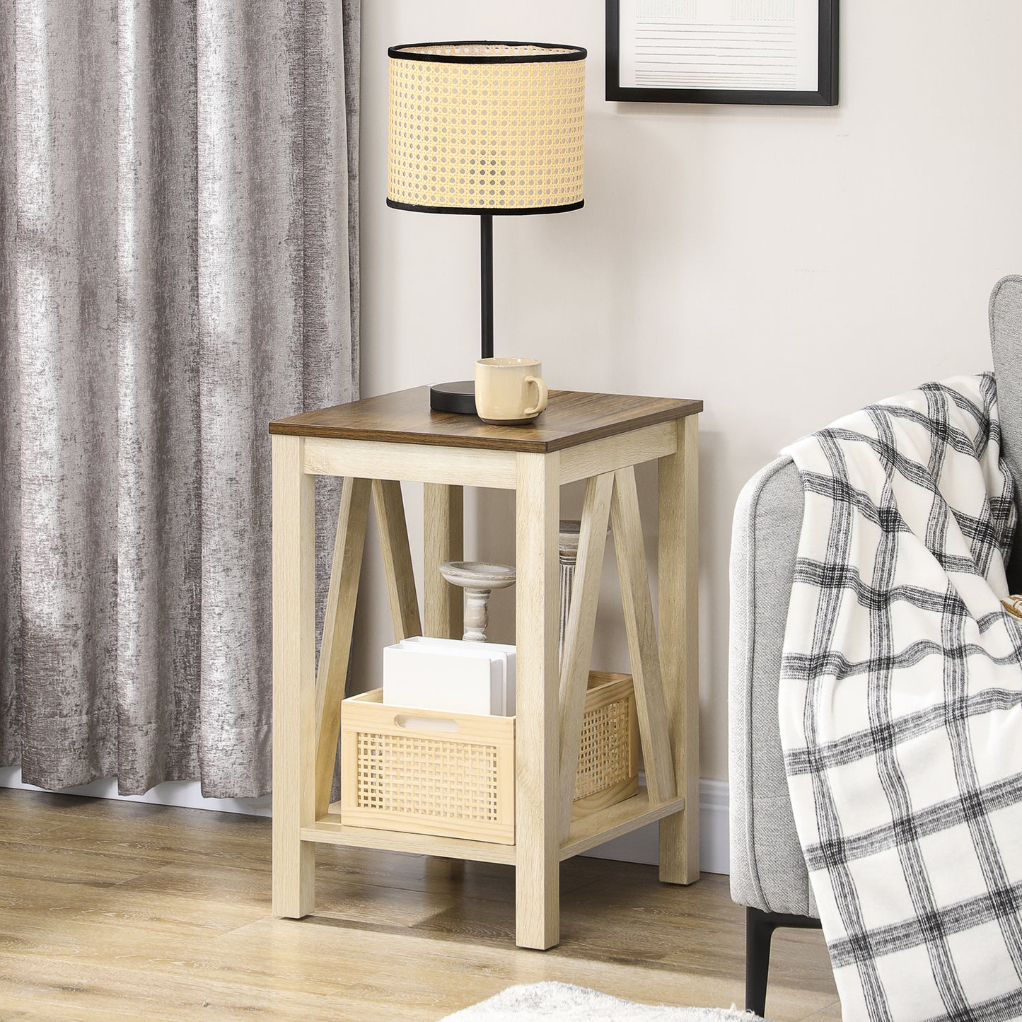 Farmhouse Side Table with Storage, Rustic End Table with Bottom Shelf for Bedroom, Living Room, Oak