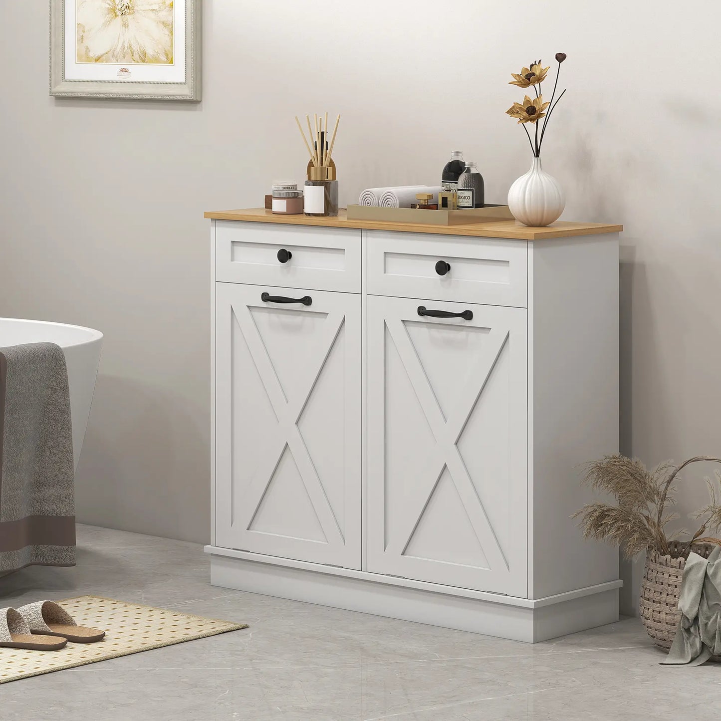 Tilt Out Laundry Cabinet, Bathroom Storage Cabinet with 2 Removable Baskets and 2 Drawers, White