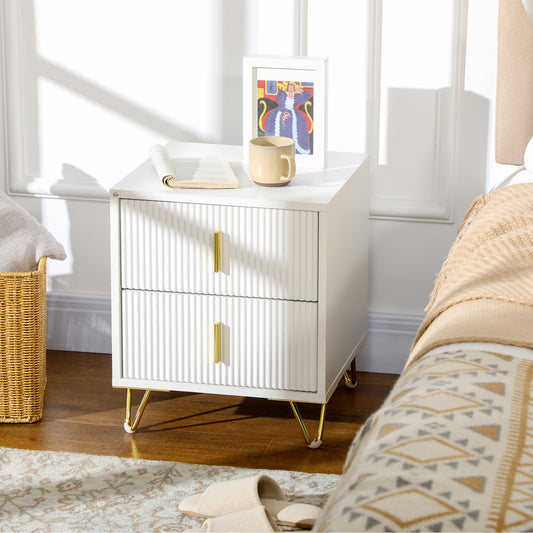 Nightstand, Bedside Table with 2 Drawers,with Metal Legs in White (1 PC)