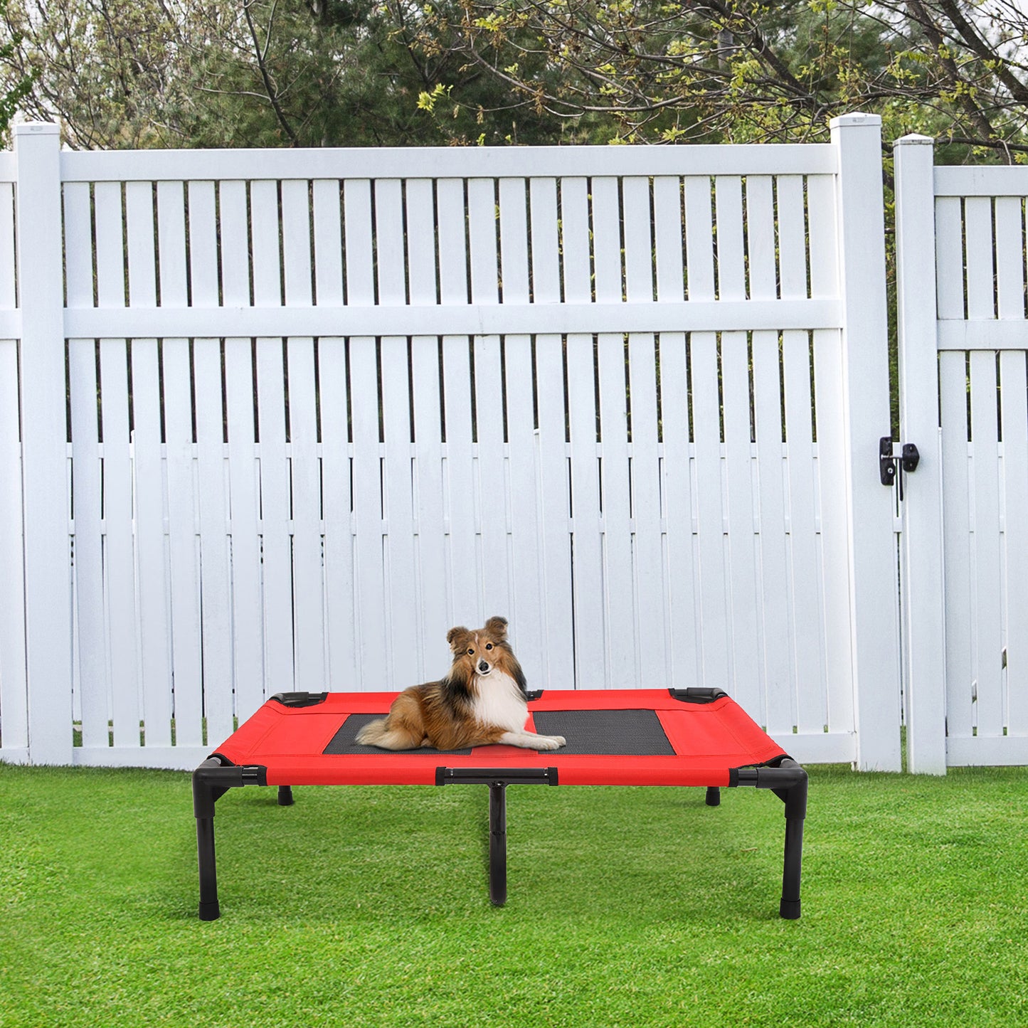 Elevated Dog Bed, Dog Cot Bed, Cooling Raised Pet Cot Indoor Outdoor with Washable Breathable Mesh, No-Slip Plastic Feet, 31" x 27", Red