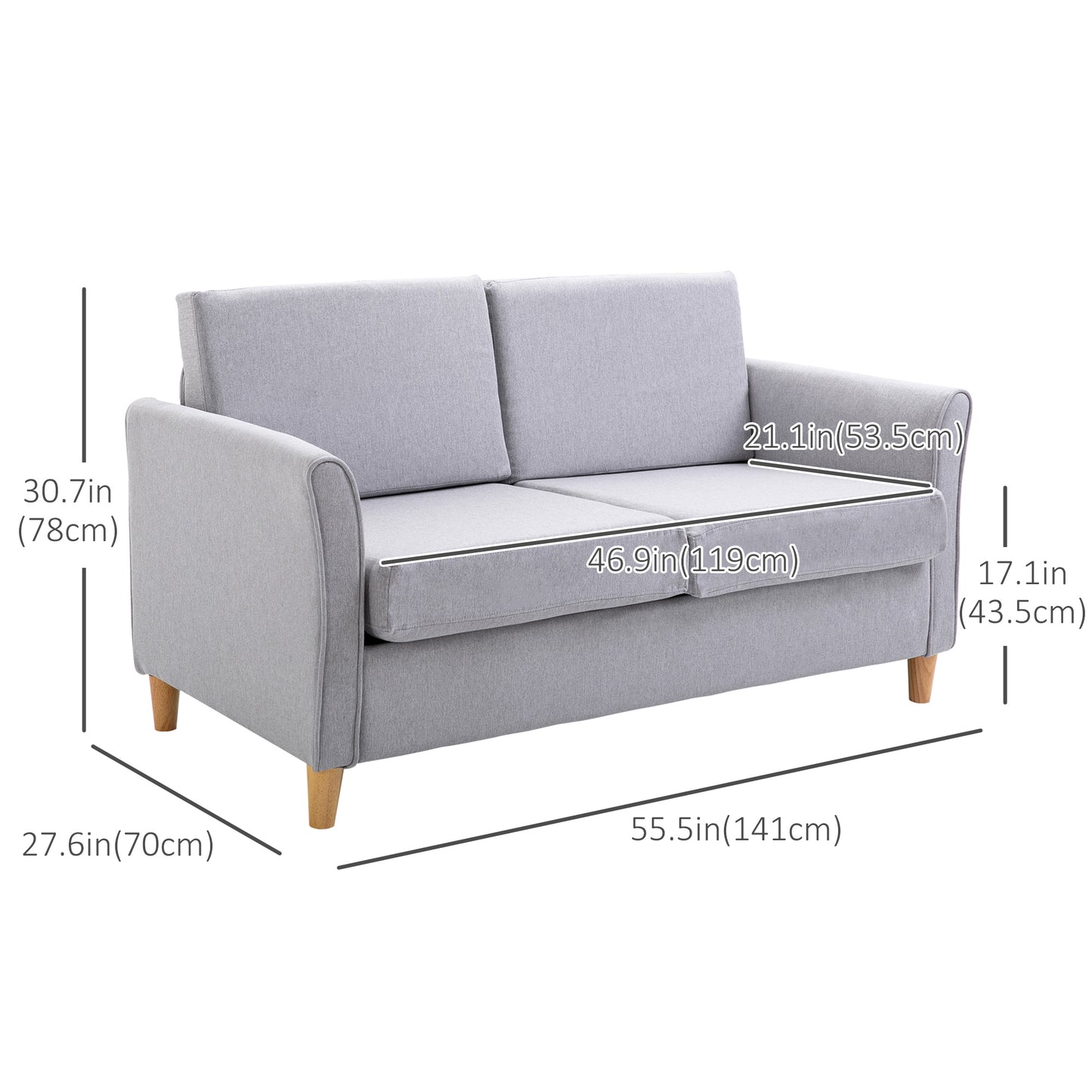 2 Seat Sofa, Two Seater Couch with Armrests, Wood Legs for Living Room, Bedroom, Light Grey