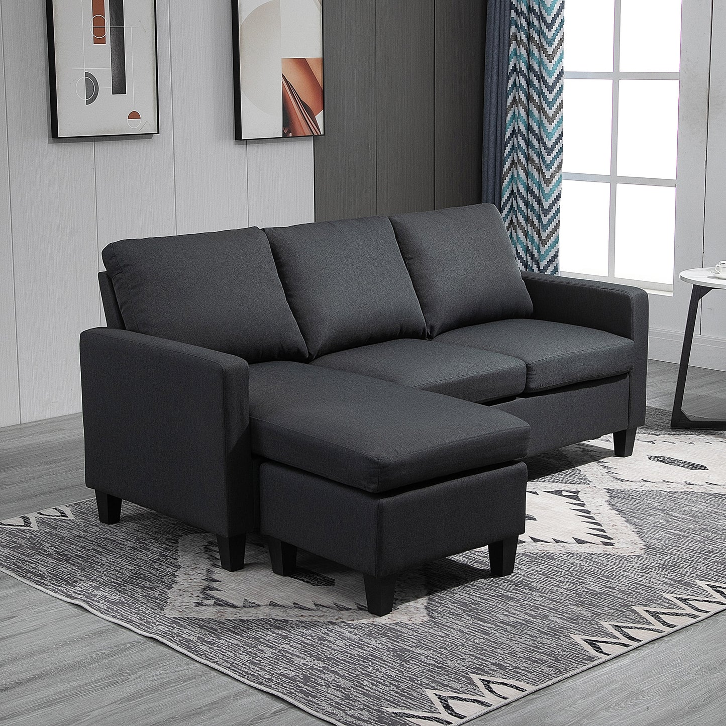 L Shape Sofa, Modern Sectional Couch with Reversible Ottoman, Convertible Corner Sofa for Living Room, Dark Grey