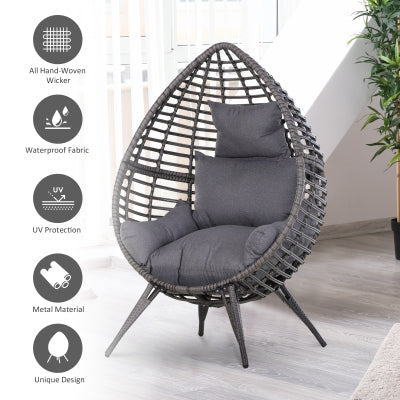 Egg Chair Rattan Wicker Lounge Chair 352lbs Capacity with Soft Cushion, Outdoor/Indoor with Height Adjustable Knob, Grey