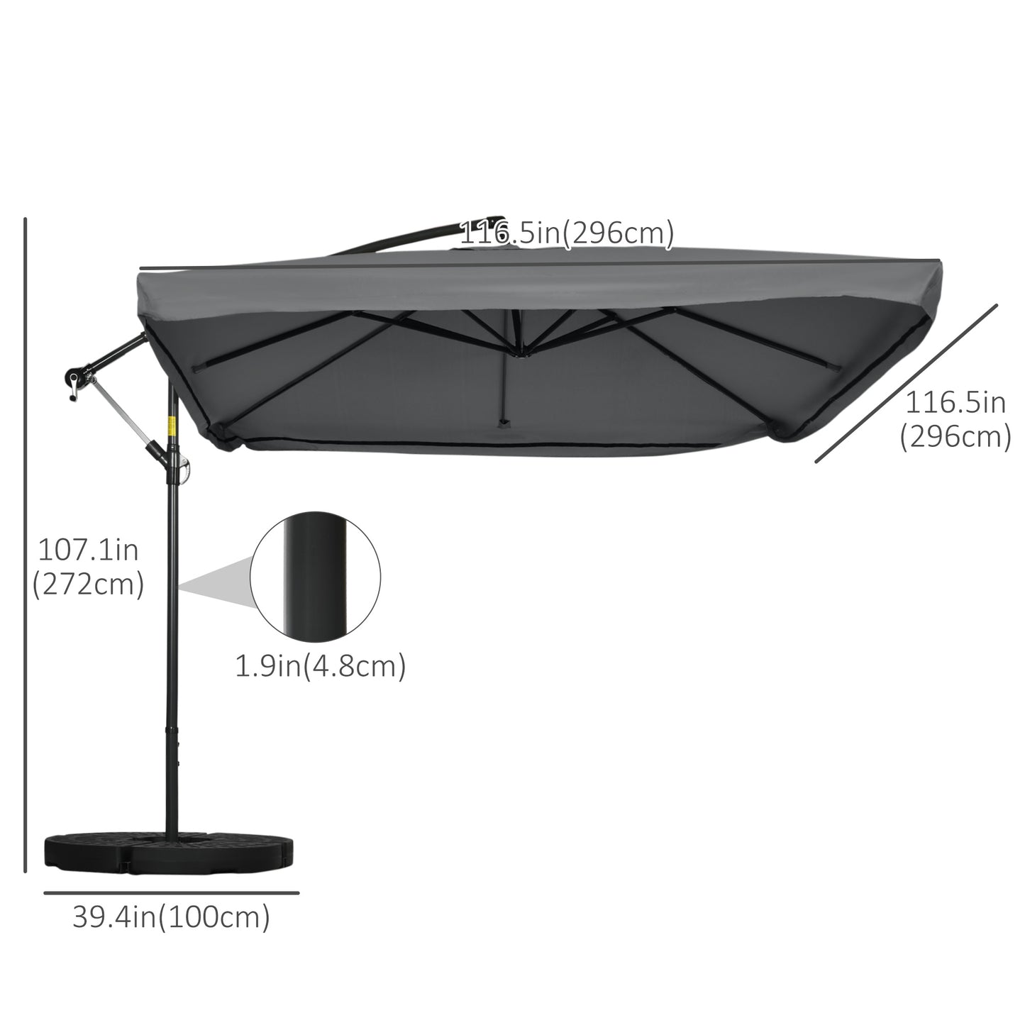 Offset Patio Umbrella with Net and Umbrella Base, Adjustable Cantilever Canopy with Cross Base, Weight Plates and 8 Ribs for Backyard, Poolside, Garden, Dark Grey