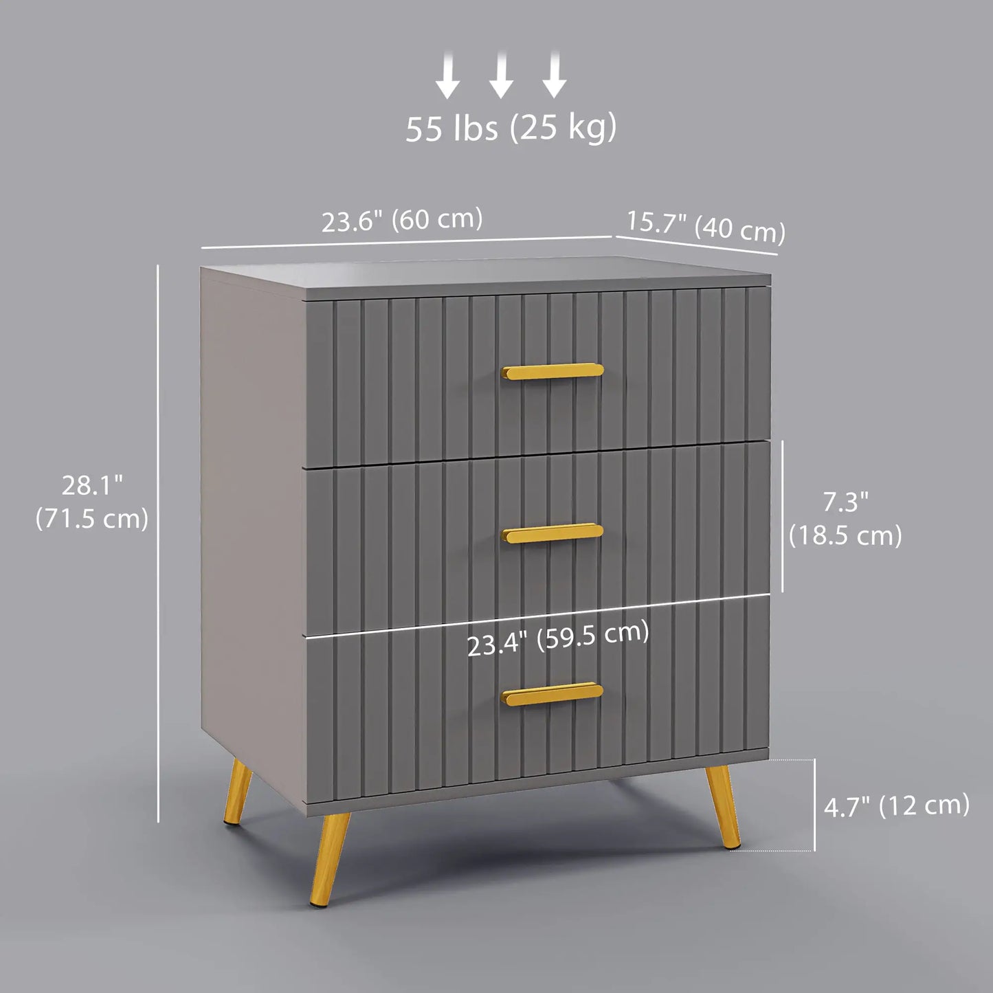 3 Drawer Drawer Chest with Aluminium Legs and Gold Handles, in Dark Grey