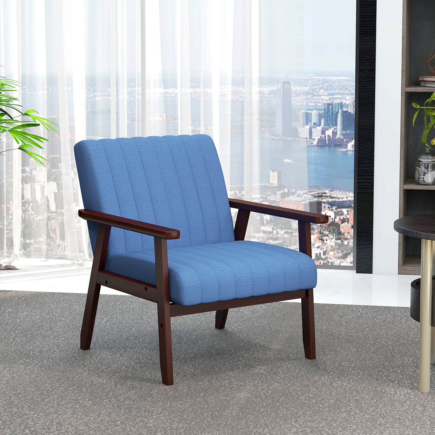 Set of 2 Modern Upholstered Armchairs with Wooden Legs and Tufting Design, in Blue