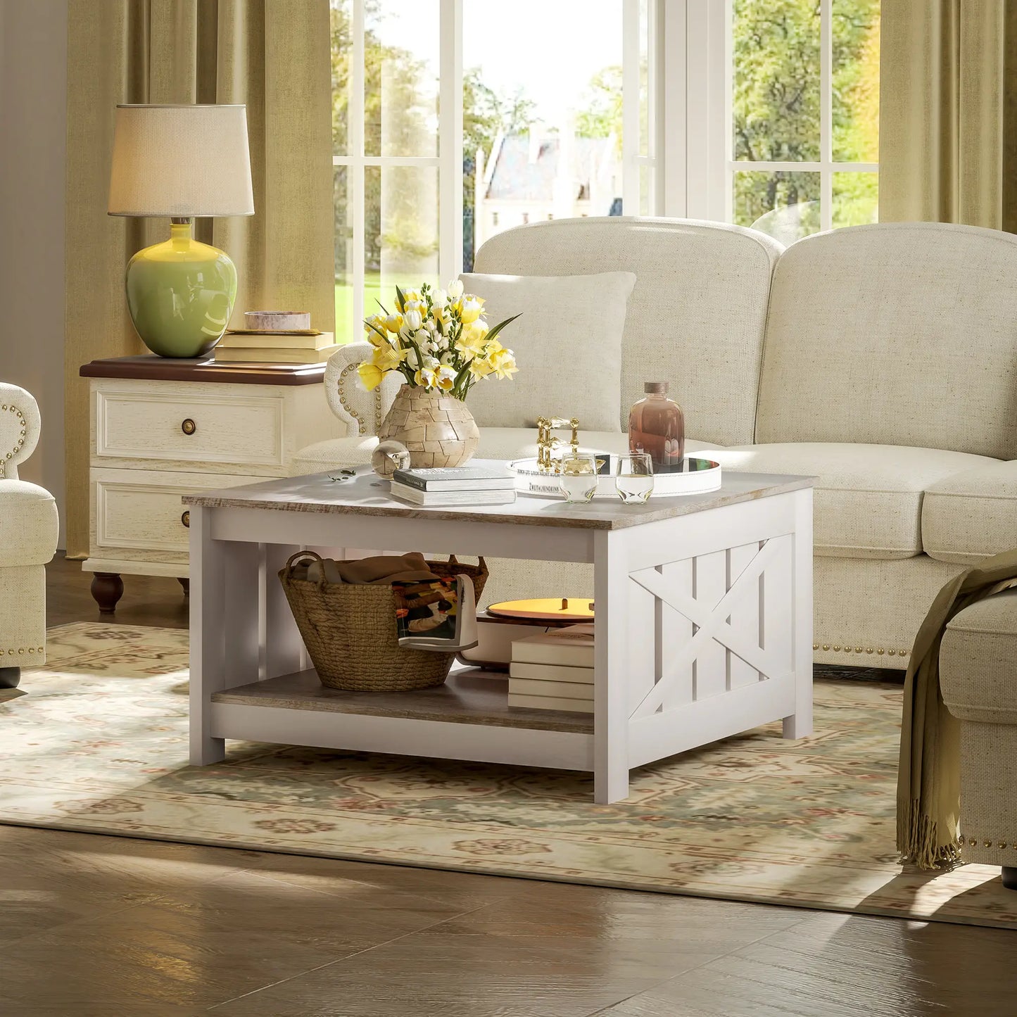 31.5" Square Coffee Table, Farmhouse 2-Tier Center Table Distressed Oak