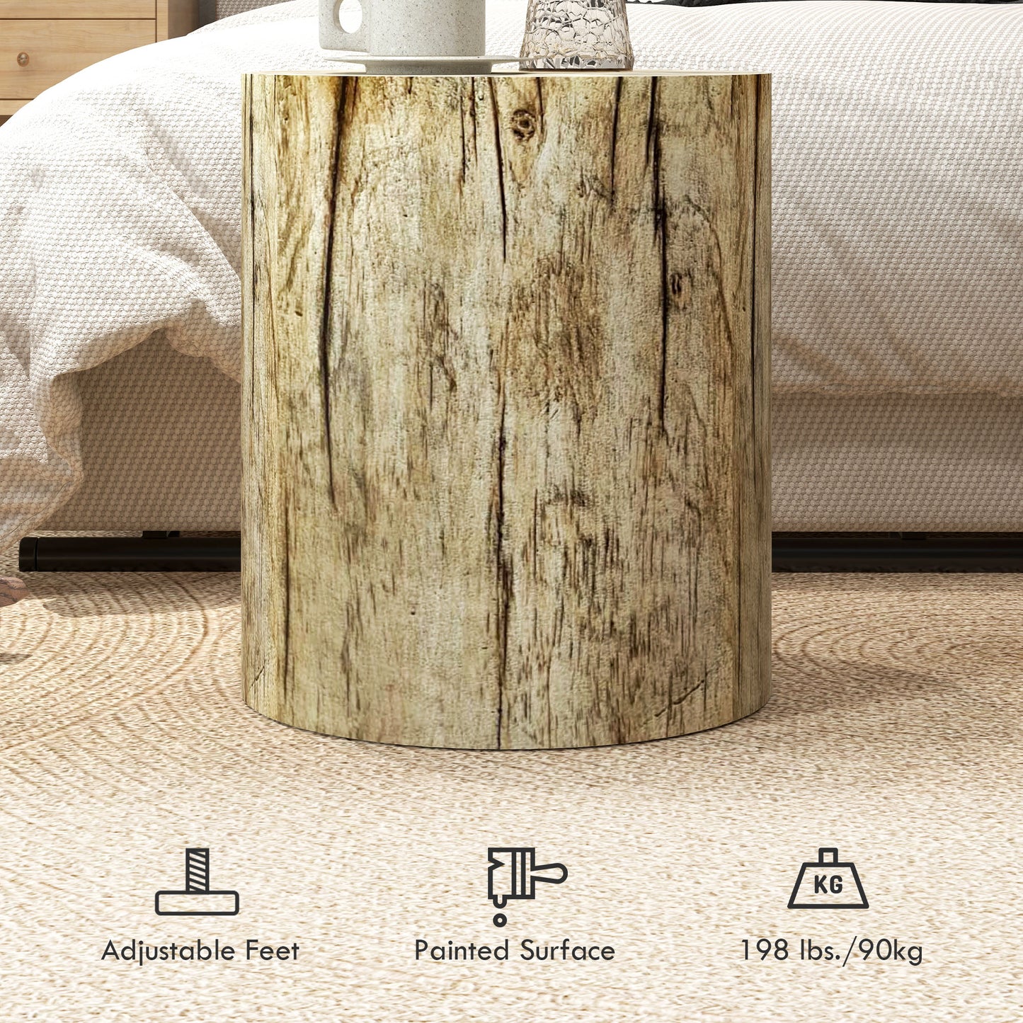 17" Tall Tree Stump End Table, Concrete Sofa Side Table for Indoor and Outdoor Use, Garden Stool, Natural