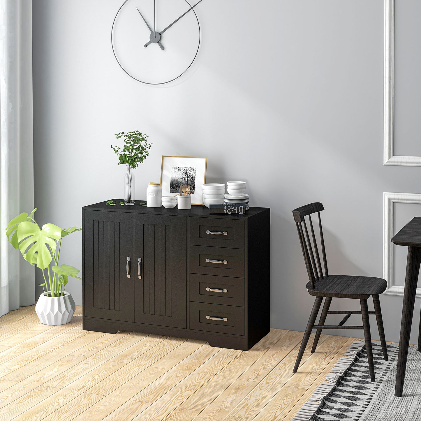 Modern Sideboard Buffet Cabinet with Drawers and Beadboard Door Cupboard Kitchen Storage Cabinet Black