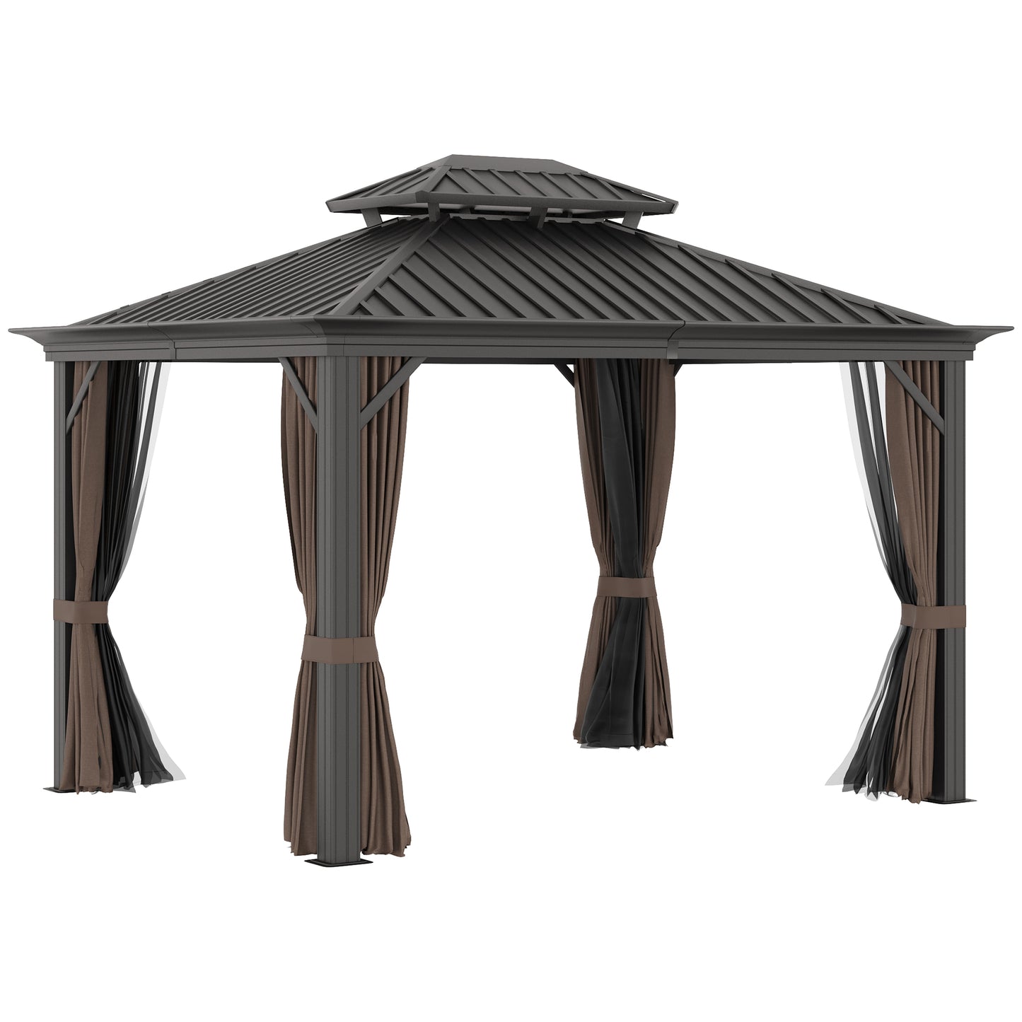 Outsunny 12' x 10' Outdoor Hardtop Gazebo with Galvanized Steel Canopy & Netting Sidewalls for Lawn, Backyard, Brown