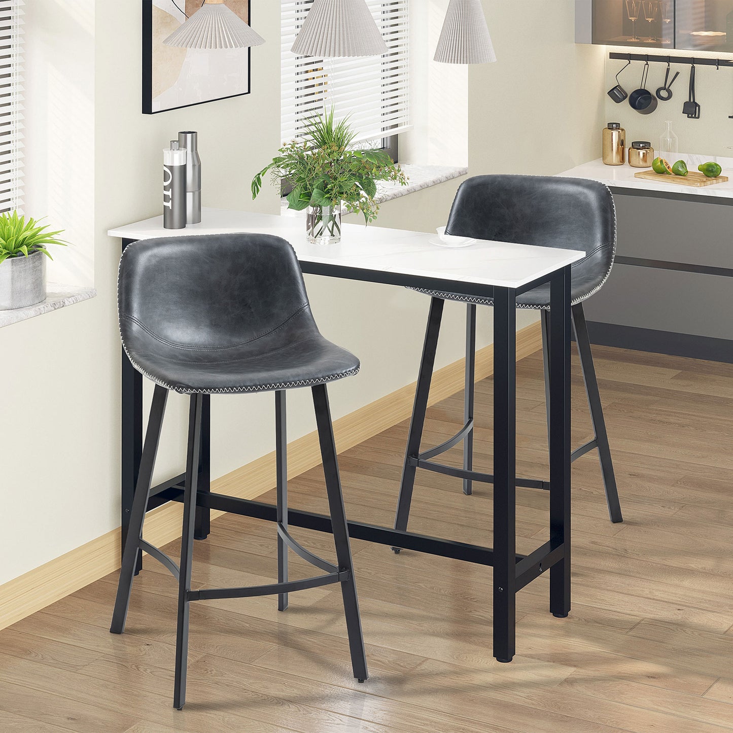 Counter Height Stools Set of 2, Upholstered Kitchen Stool with Back and Steel Legs