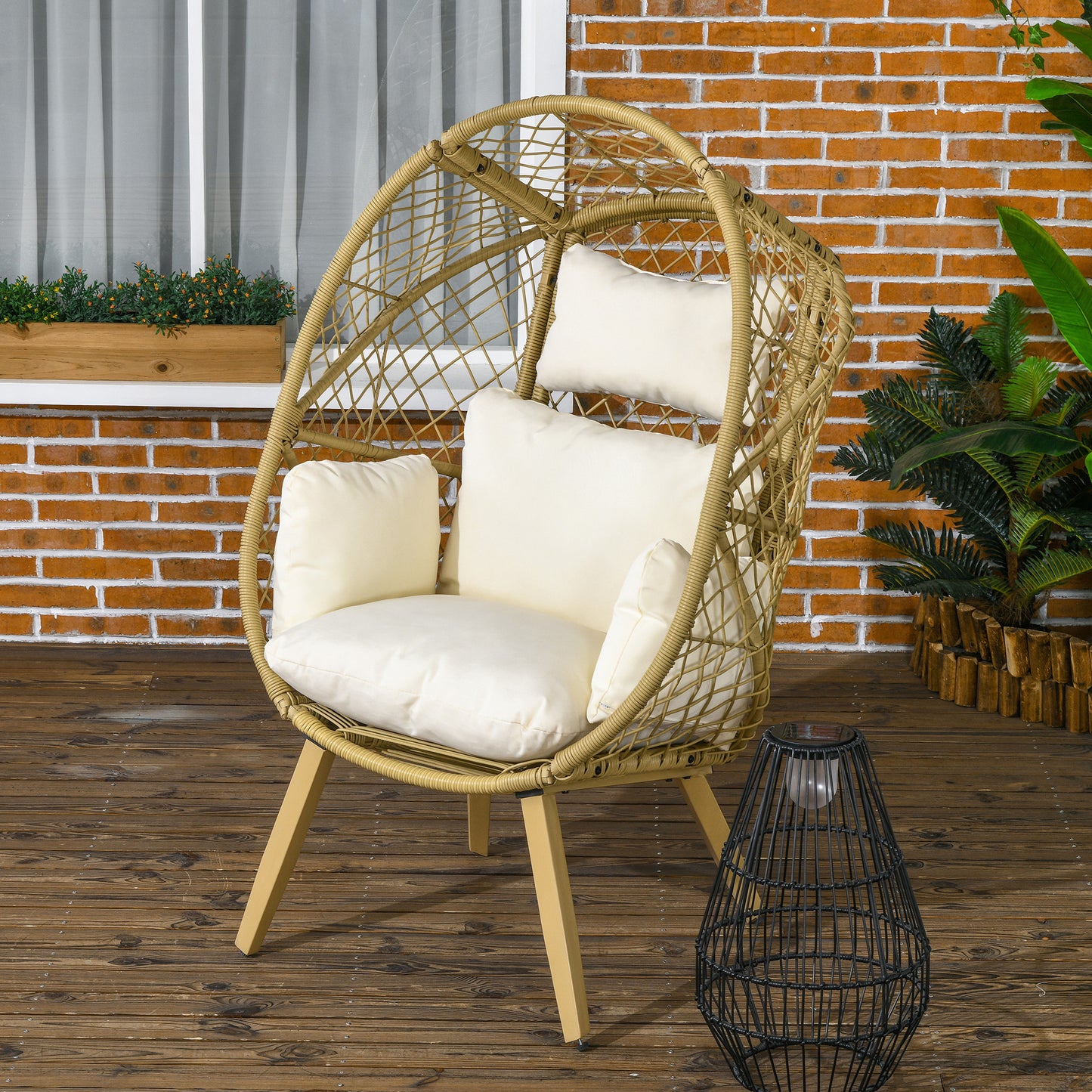 Outsunny PE Rattan Egg Chair, Patio Leisure Chair, Outdoor Furniture w/ Cushion, 34.6" x 33.5" x 56.3", White