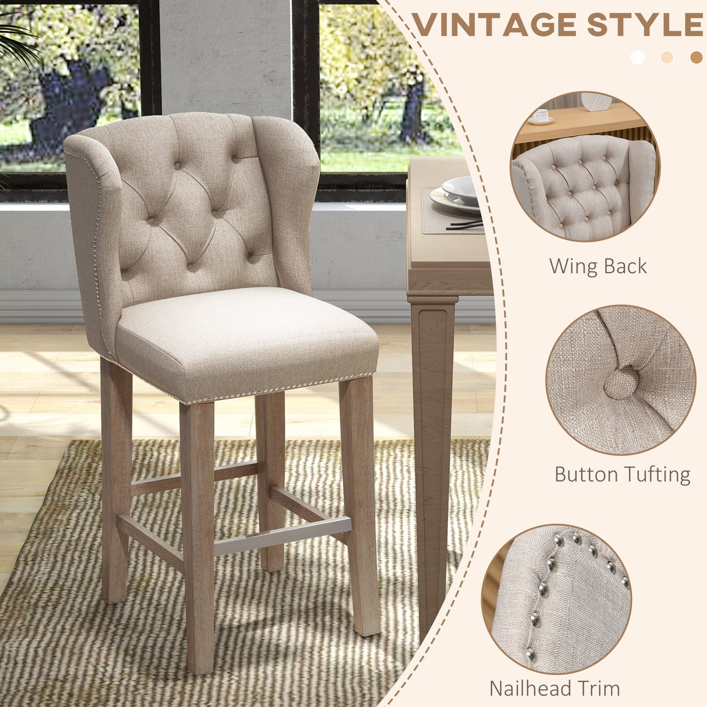 Bar Stools Set of 2, Upholstery Padded Chairs Tufted Nail Head Decoration with Stainless Steel Footrest, Wood Legs for Home Dining Use, Beige