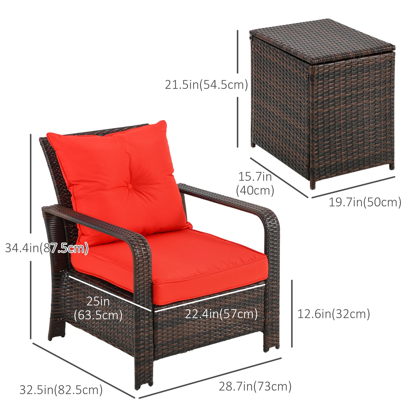 3 Pieces Patio Bistro Set with 2 Padded Chairs and 1 Storage Side Table, PE Rattan Garden Sofa Set with Removable Cushion Cover, Red