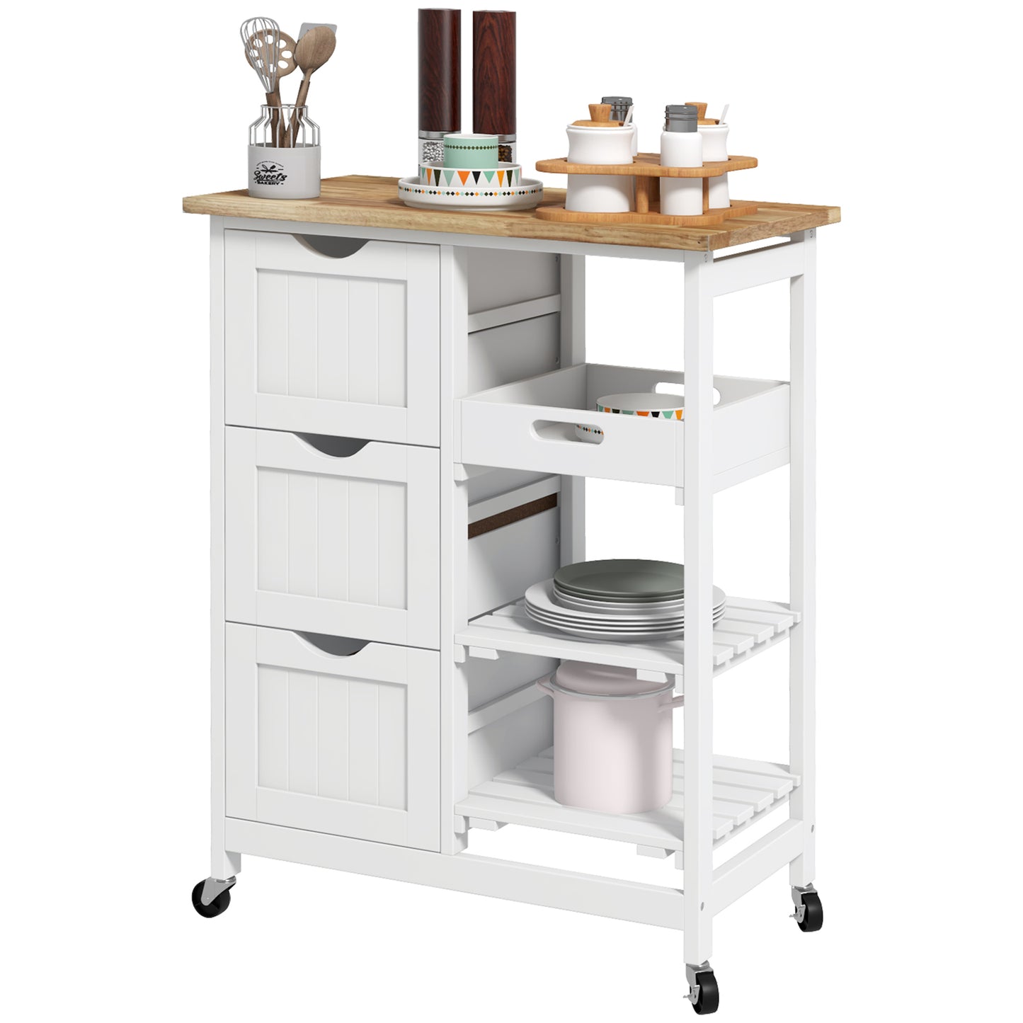 Rolling Kitchen Island Cart with Wood Top, 3 Drawers and Shelves