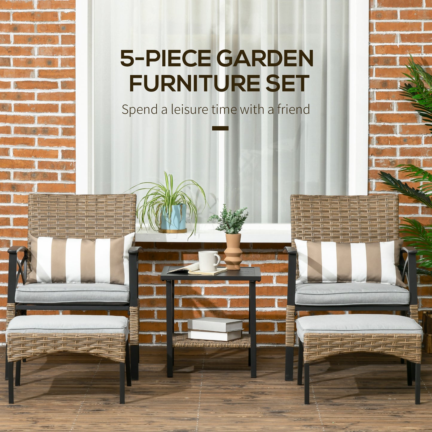 5 Piece PE Rattan Garden Furniture Set, 2 Armchairs,2 Stools, Steel Tabletop with Wicker Shelf, Padded Outdoor Seating, Khaki