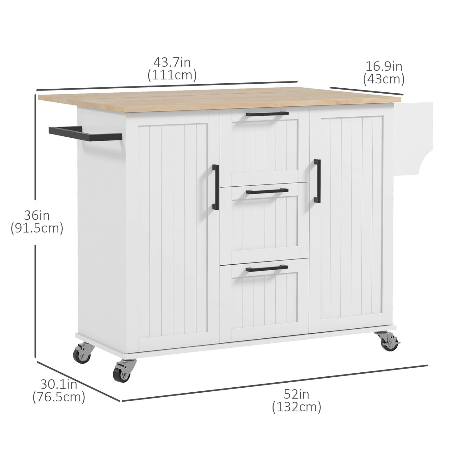 Rolling Kitchen Island with Drop Leaf, on Wheels with 3 Drawers, 2 Cabinets, Natural Wood Top, Spice Rack and Towel Rack, in White