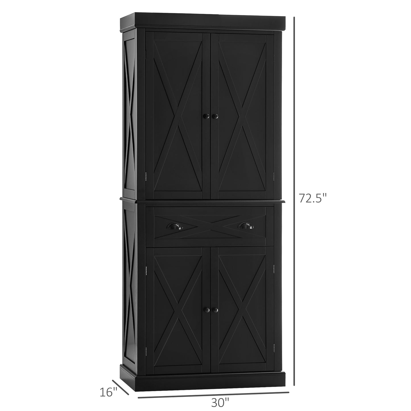 Freestanding Modern Farmhouse 4 Door Kitchen Pantry Cabinet, Storage Cabinet Organizer with 6-Tiers, 1 Drawer and 4 Adjustable Shelves, Black