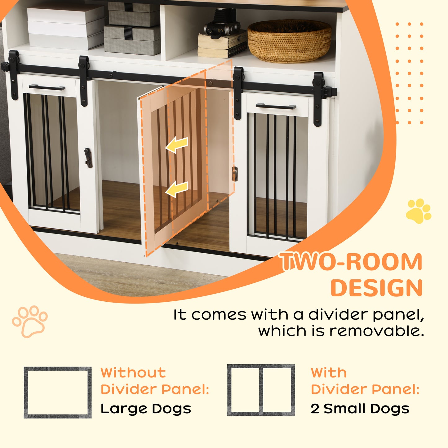 PawHut Dog Crate Furniture for Large Dogs with Removable Divider, Dog Kennel for 2 Small Dogs with Storage, White