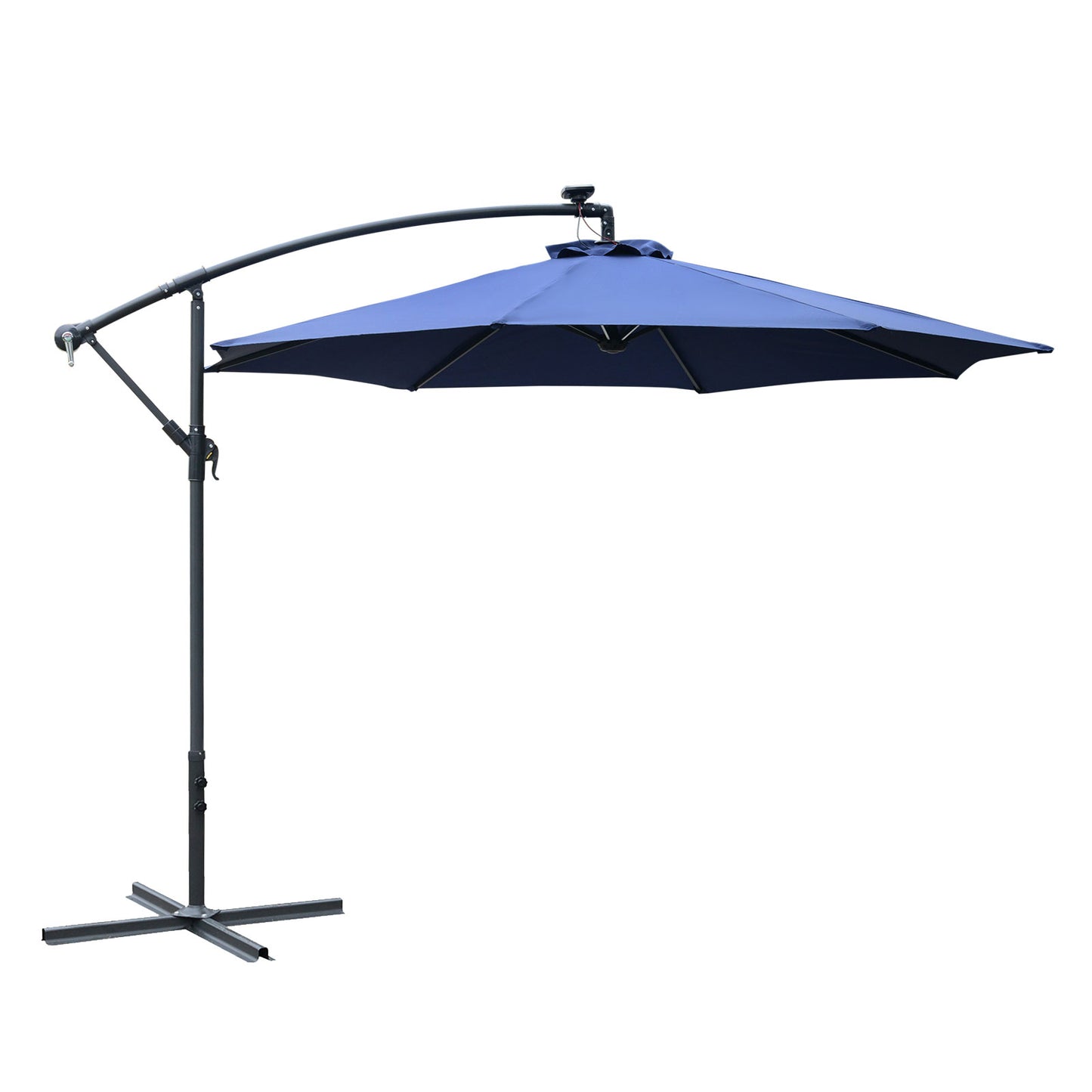 10ft Cantilever Solar Hanging Offset Umbrella Outdoor LED Lights Aluminum Market Banana Parasol Crank w/ Cross Base Garden Sun Shelter Blue