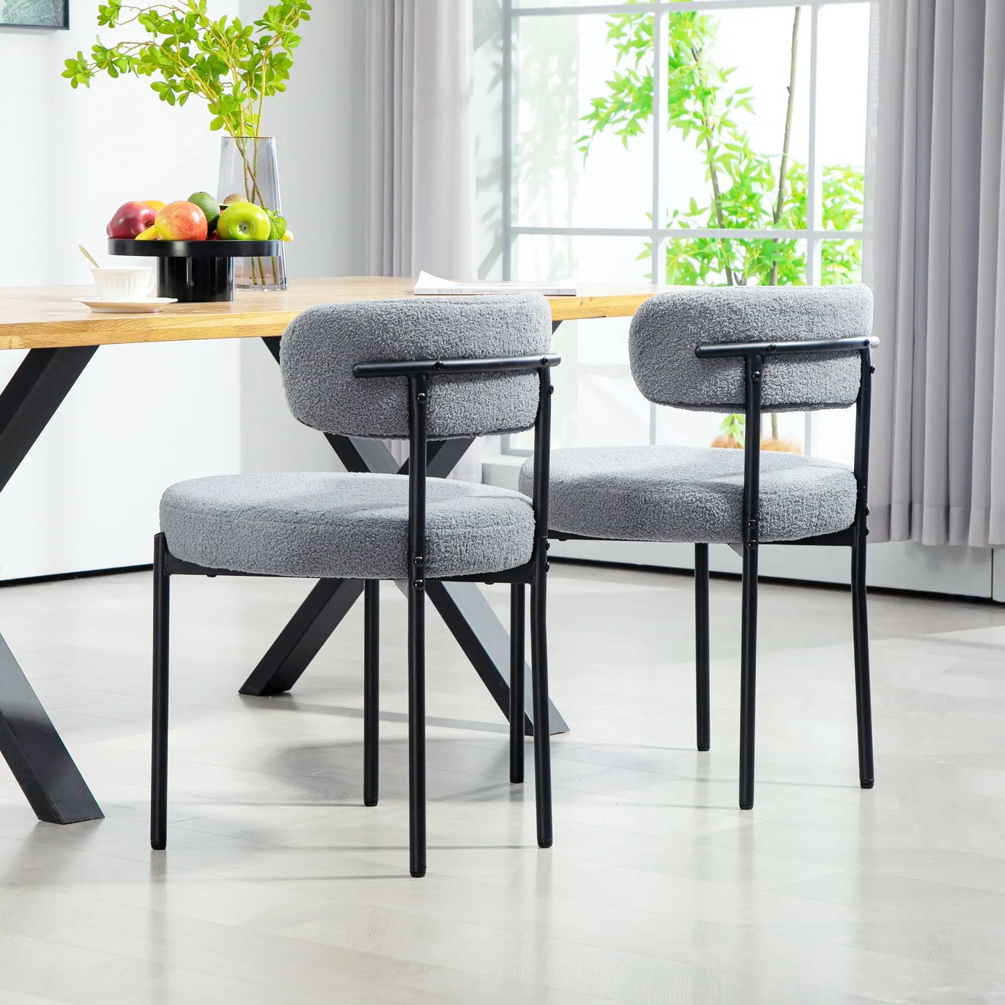 SET OF 2 Modern Dining Chairs w/ Berber Fleece Upholstery and Steel Legs , Grey