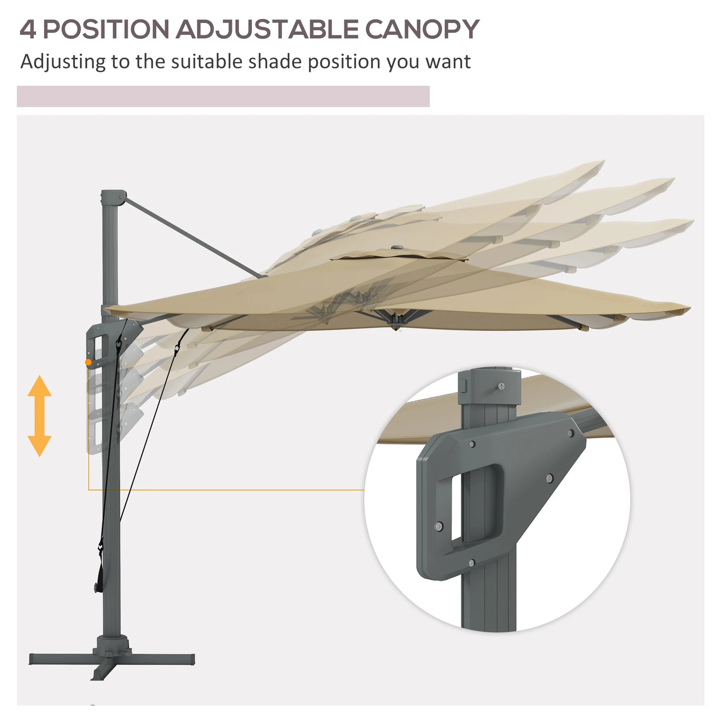 13 FT Cantilever Umbrella, Aluminum Hanging Offset with 360°Rotation, Crank, Tilt, Cross Base, in Khaki