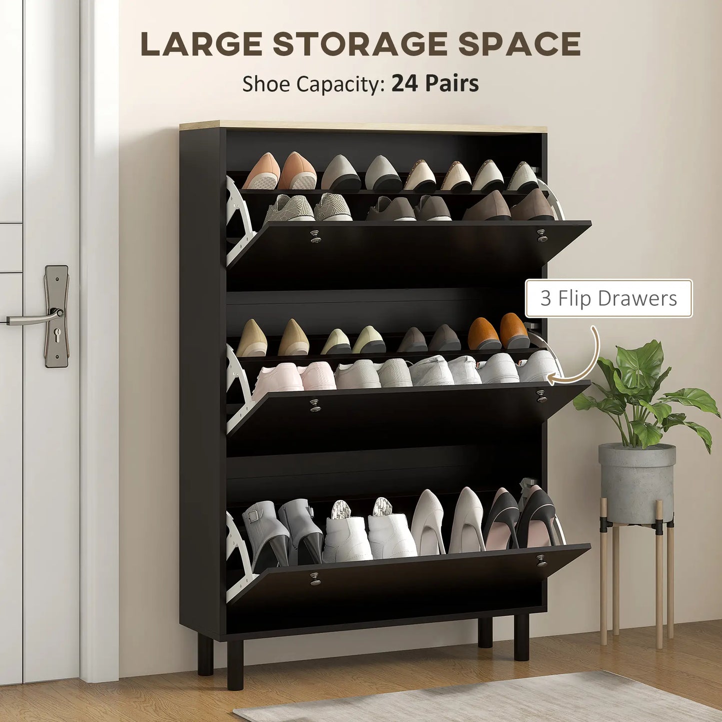 Narrow Shoe Storage with 3 Flip Drawers and Adjustable Shelves for 24 Pairs of Shoes, Black