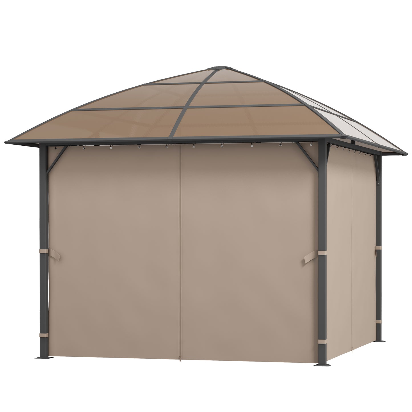 10' x 10' Outdoor Hardtop Gazebo Canopy with UV60+ Polycarbonate Roof, Steel Frame, Central Hook, Curtains, Khaki